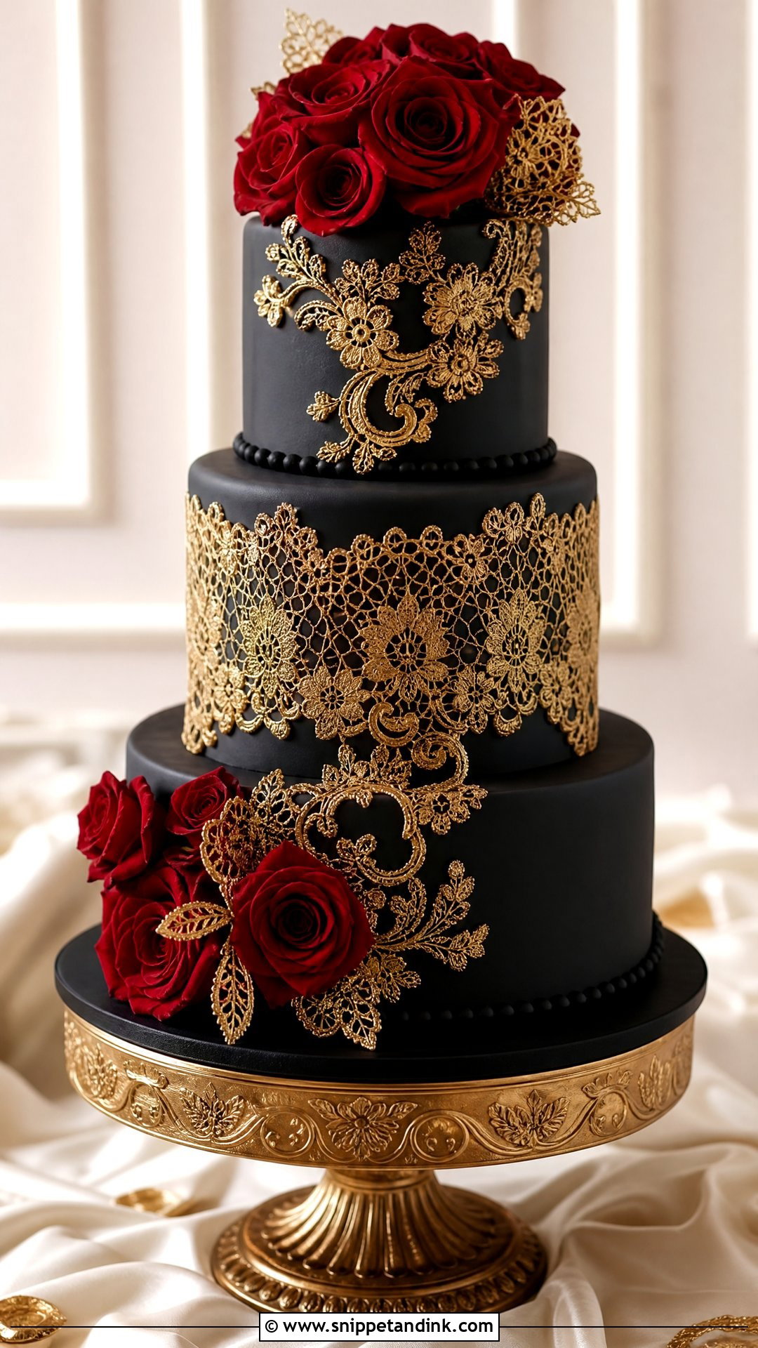 Red Black And Gold Wedding Cake With Lace - Snippet and Ink - 20 Red Black and Gold Cake Ideas for Wedding