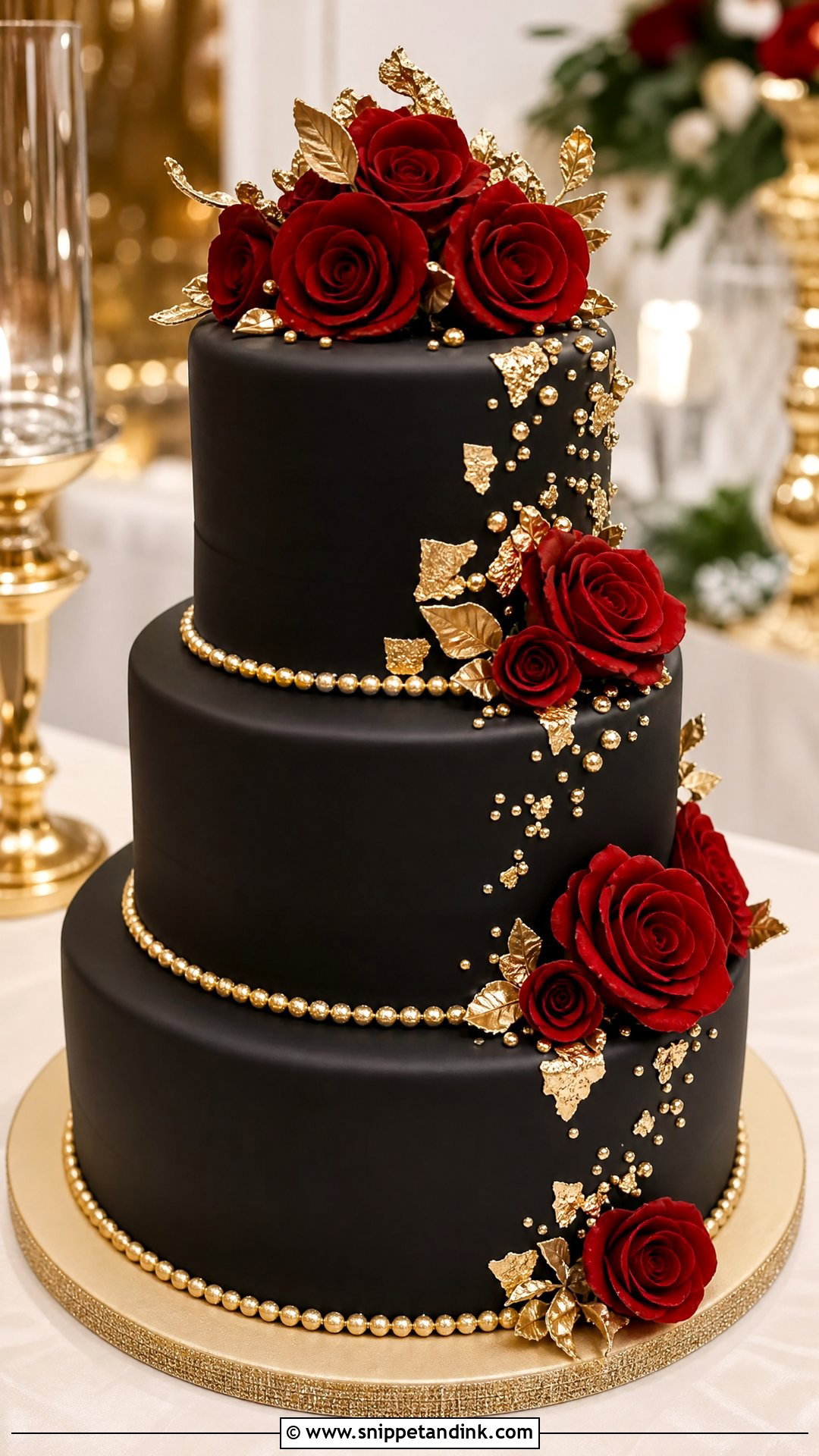 Red Black And Gold Wedding Cake With Pearl Accents - Snippet and Ink - 20 Red Black and Gold Cake Ideas for Wedding