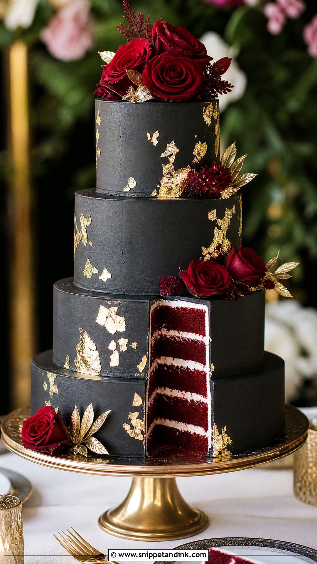 Red Black And Gold Wedding Cake With Red Velvet - Snippet and Ink - 20 Red Black and Gold Cake Ideas for Wedding