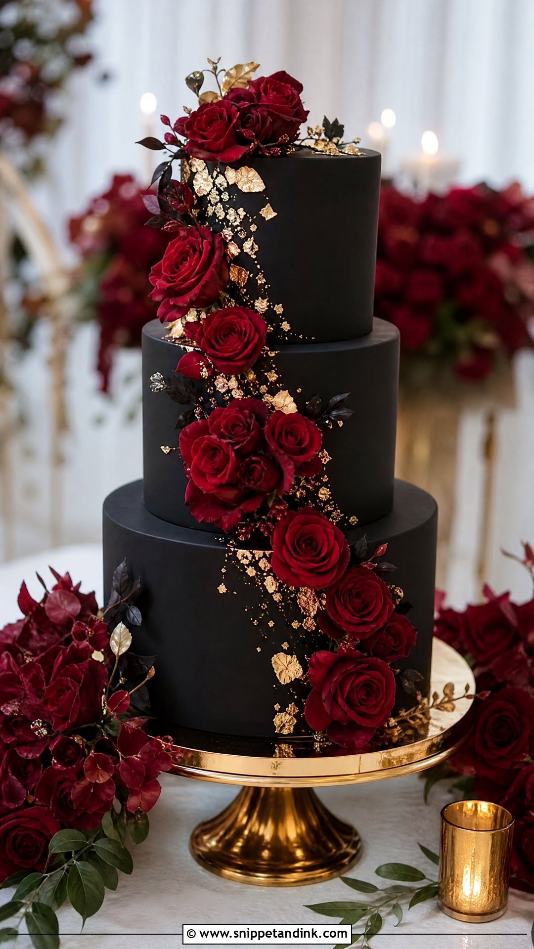 Red Black And Gold Wedding Cake With Roses - Snippet and Ink - 20 Red Black and Gold Cake Ideas for Wedding