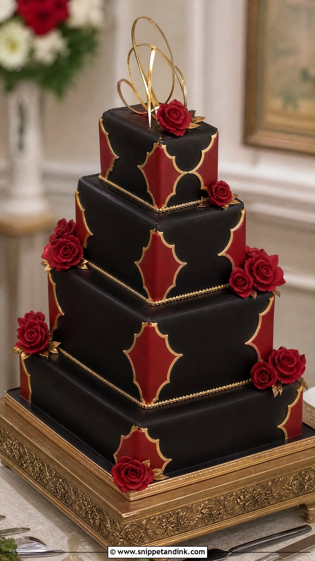 Red Black And Gold Wedding Cake With Square Tiers - Snippet and Ink - 20 Red Black and Gold Cake Ideas for Wedding