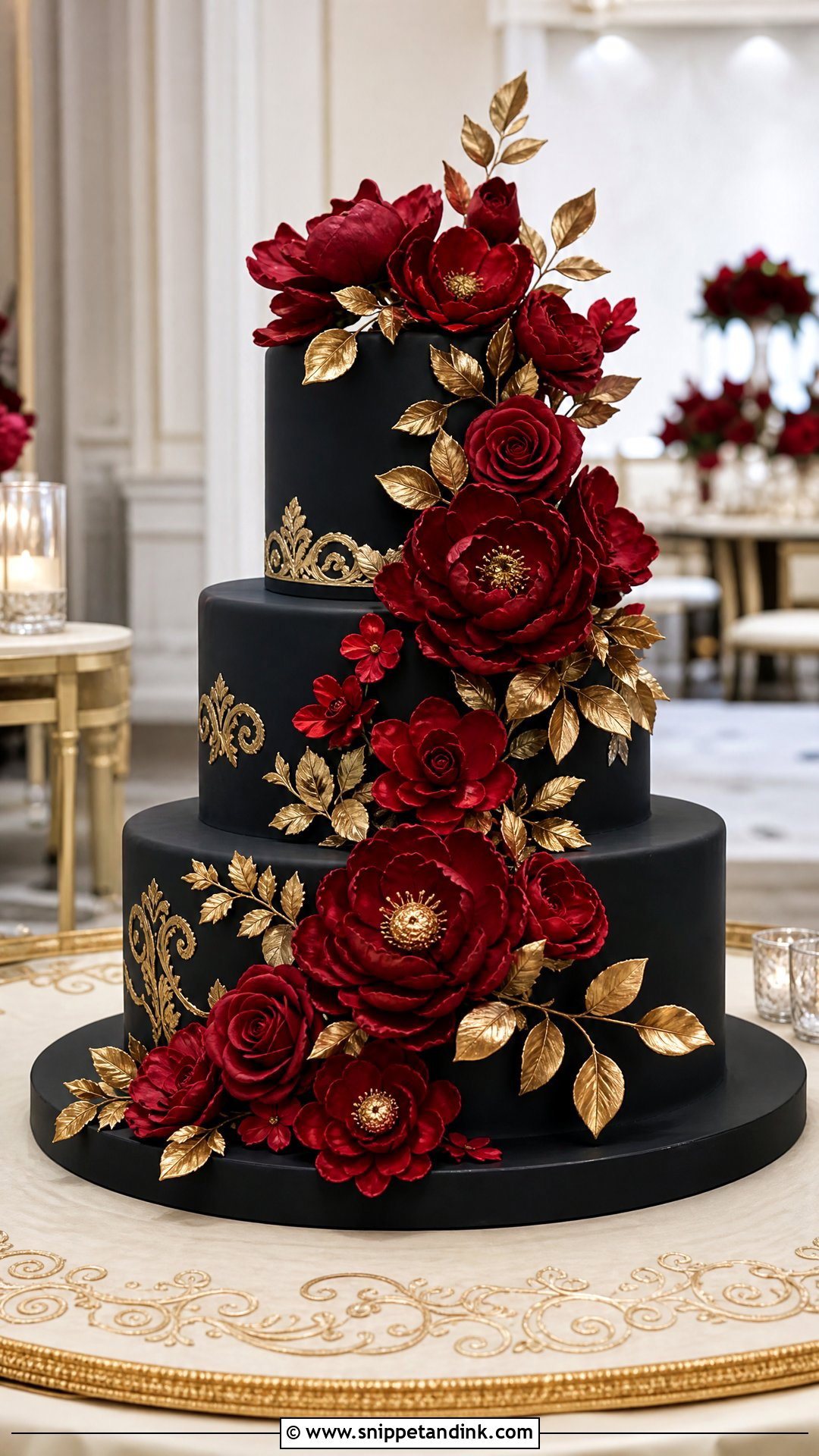 Red Black And Gold Wedding Cake With Sugar Flowers - Snippet and Ink - 20 Red Black and Gold Cake Ideas for Wedding
