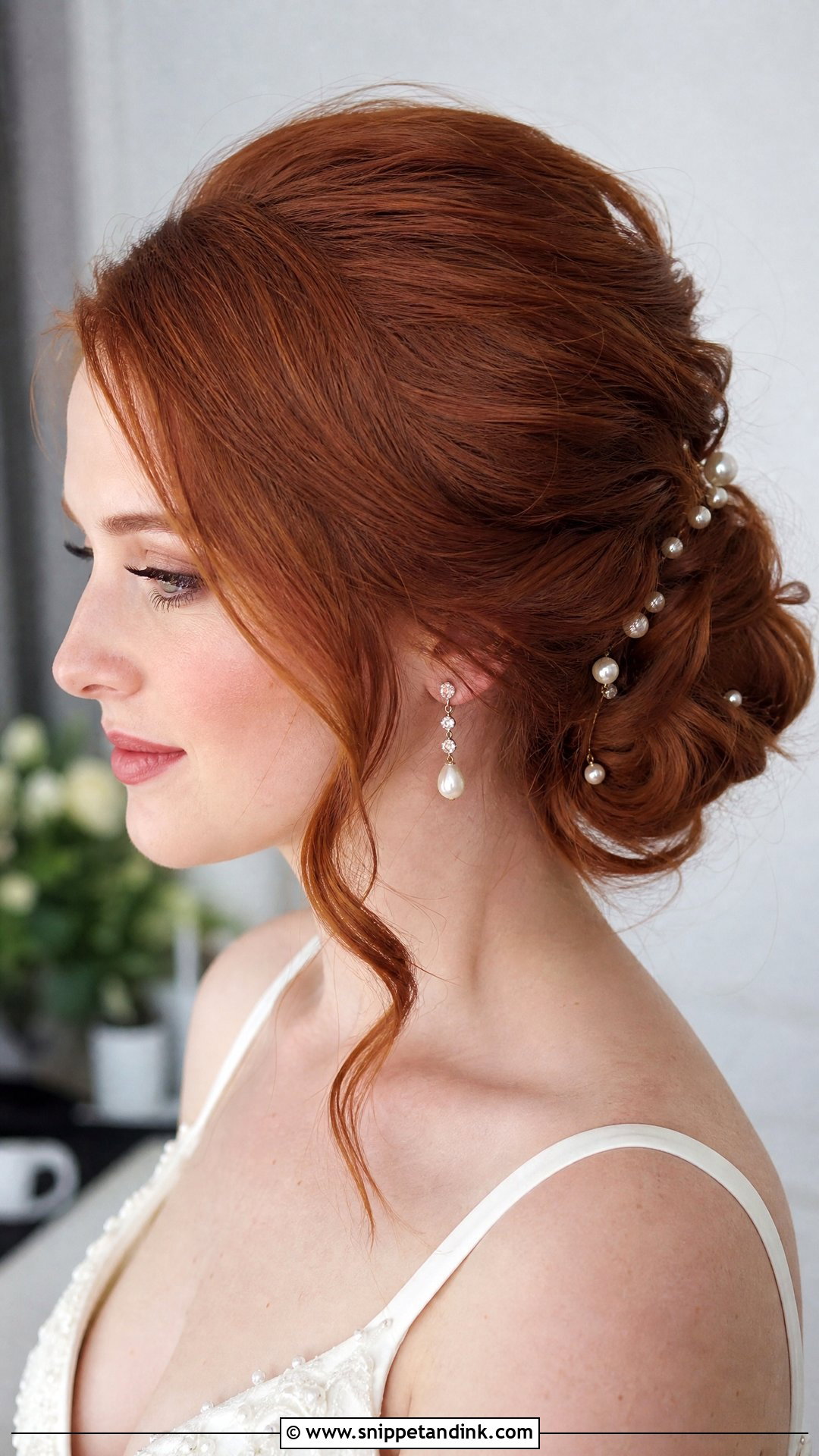 Red Bridal Hair With Pearl Accessories - Snippet and Ink - 20 Red Bridal Hair Ideas
