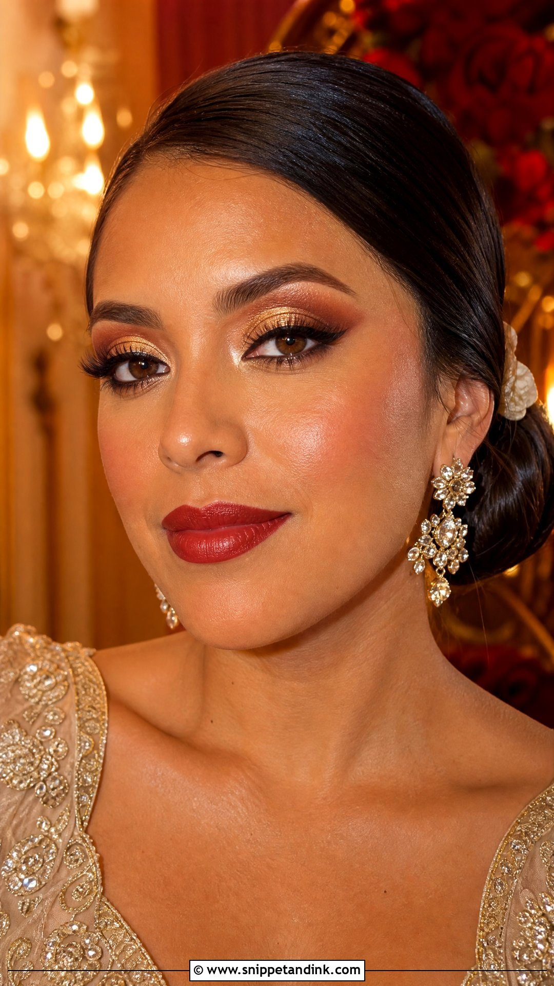 Red Bridal Makeup With Gold Eyes - Snippet and Ink - 20 Red Bridal Makeup Ideas