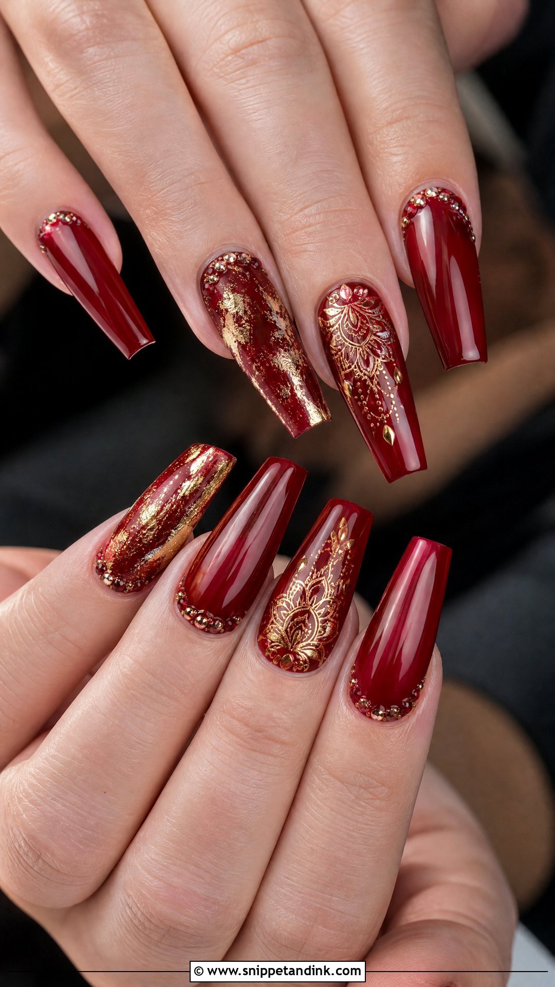 Red Bridal Nails For Coffin Shape - Snippet and Ink - 25 Indian Red Bridal Nail Art Ideas