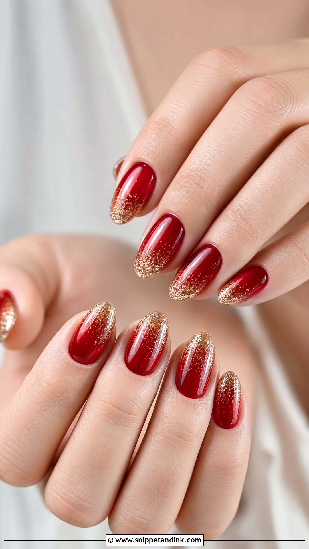 Red Bridal Nails With Gold Glitter Tips - Snippet and Ink - 25 Indian Red Bridal Nail Art Ideas