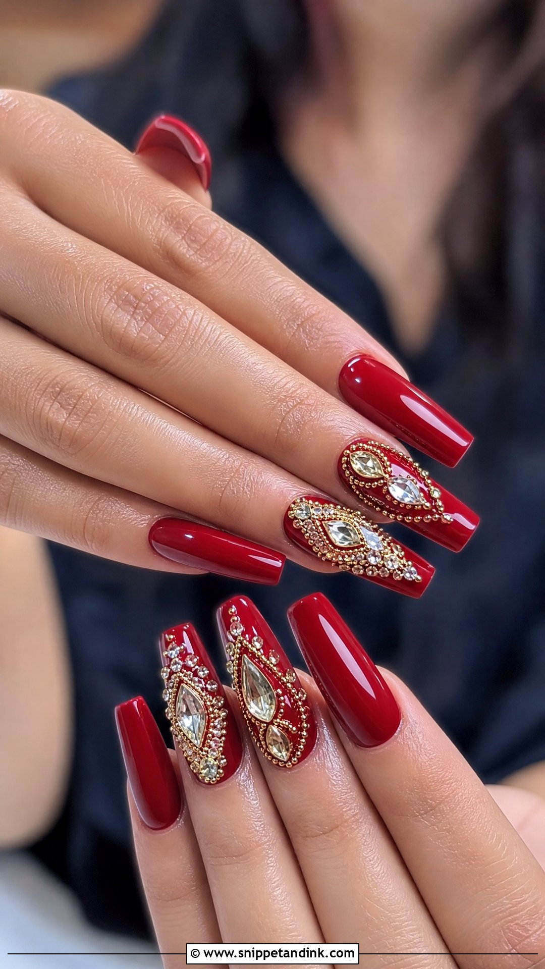 Red Bridal Nails With Kundan Art - Snippet and Ink - 25 Indian Red Bridal Nail Art Ideas