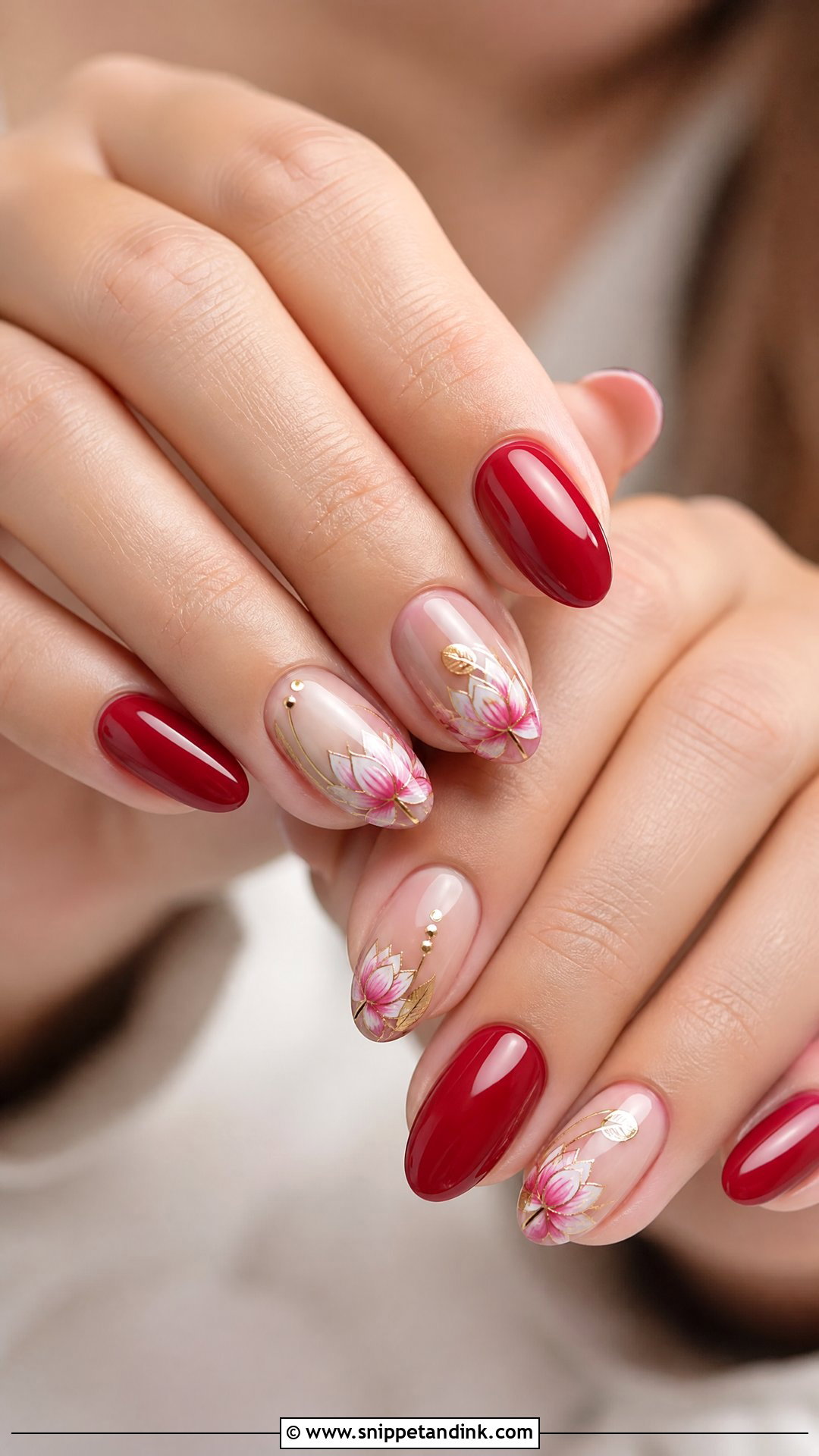 Red Bridal Nails With Lotus Art - Snippet and Ink - 25 Indian Red Bridal Nail Art Ideas