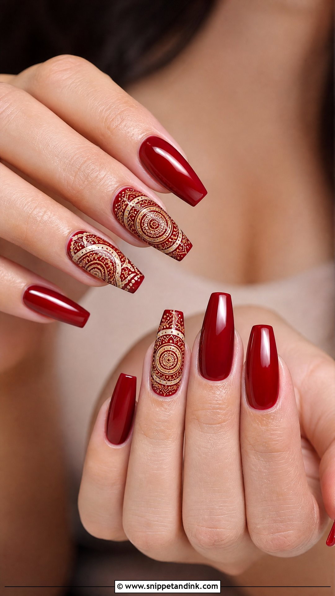 Red Bridal Nails With Mandala Art - Snippet and Ink - 25 Indian Red Bridal Nail Art Ideas