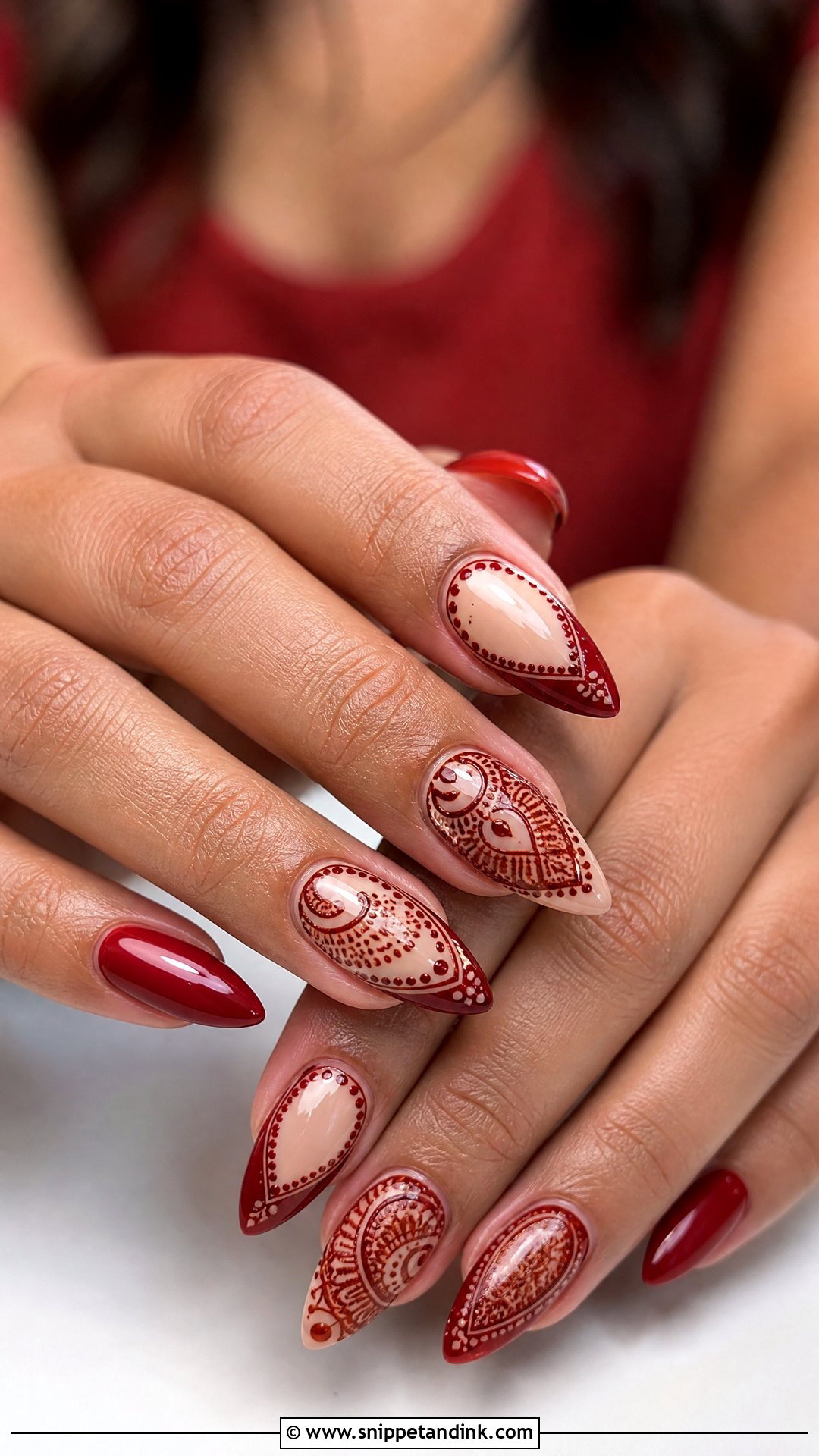 Red Bridal Nails With Mehndi Design - Snippet and Ink - 25 Indian Red Bridal Nail Art Ideas