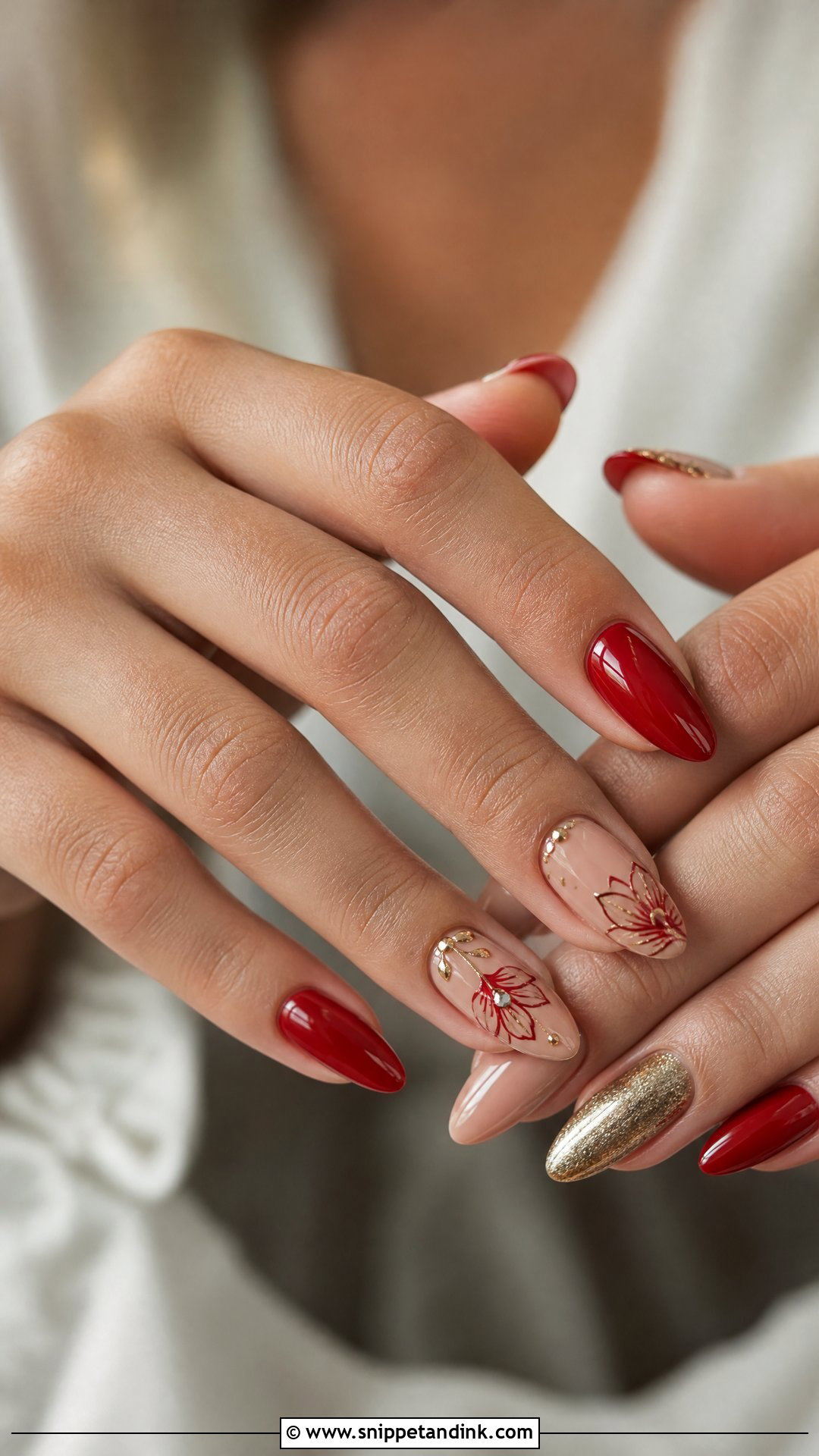 Red Bridal Nails With Nude Accent Nails - Snippet and Ink - 25 Indian Red Bridal Nail Art Ideas