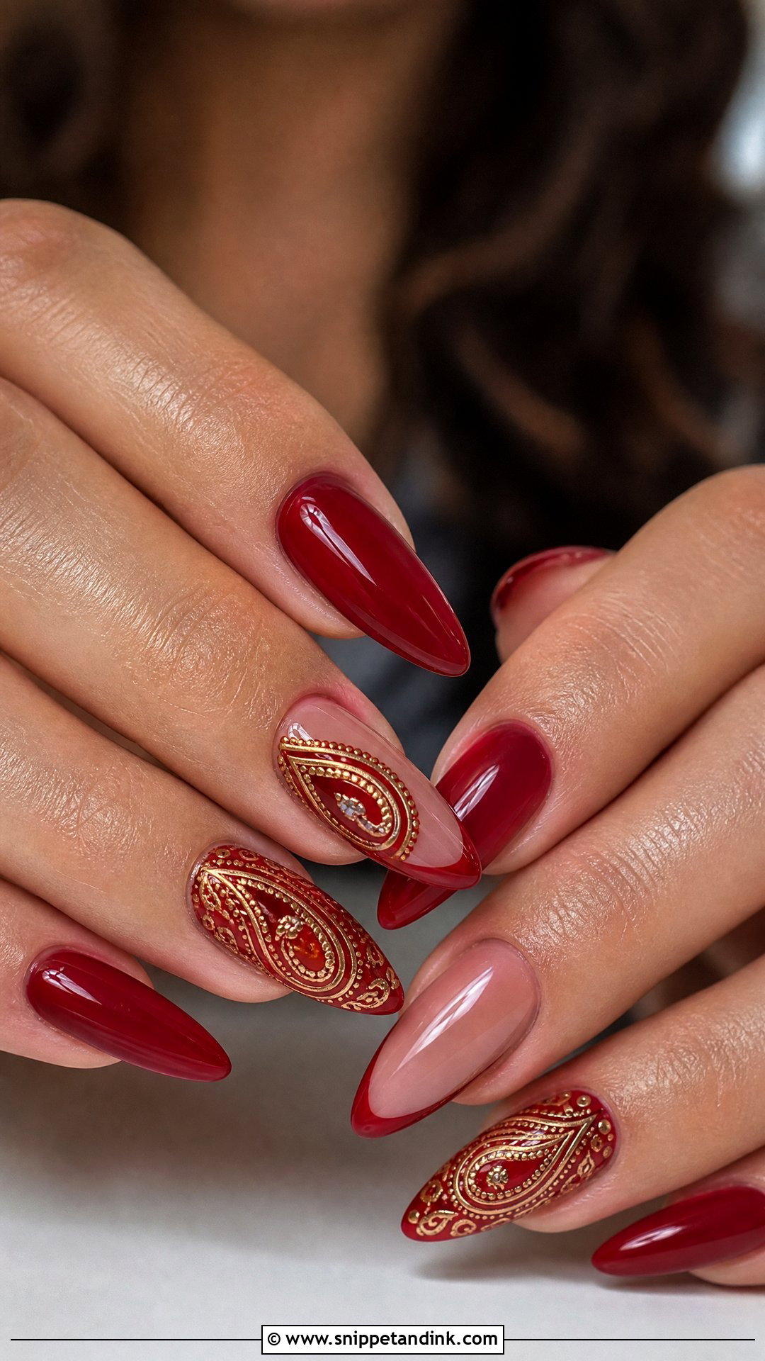 Red Bridal Nails With Paisley Art - Snippet and Ink - 25 Indian Red Bridal Nail Art Ideas