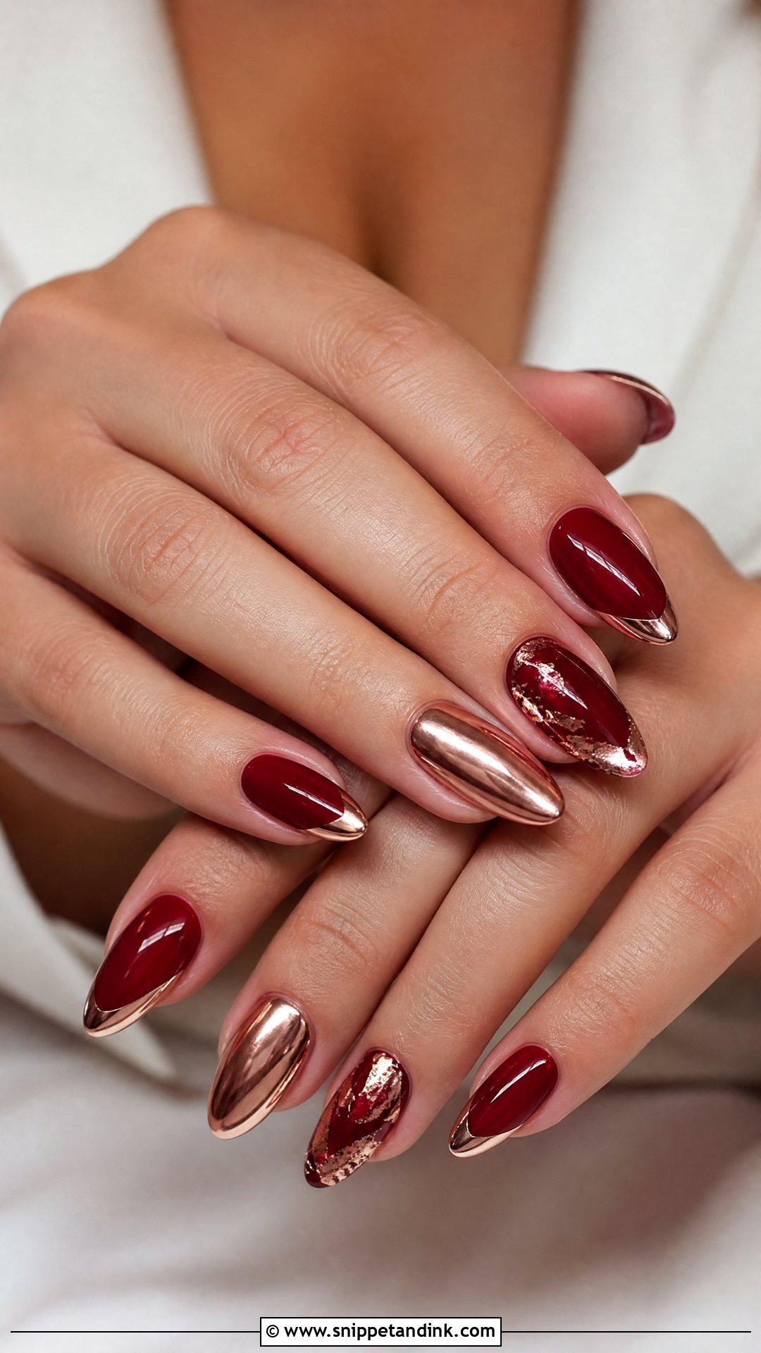 Red Bridal Nails With Rose Gold Chrome - Snippet and Ink - 25 Indian Red Bridal Nail Art Ideas
