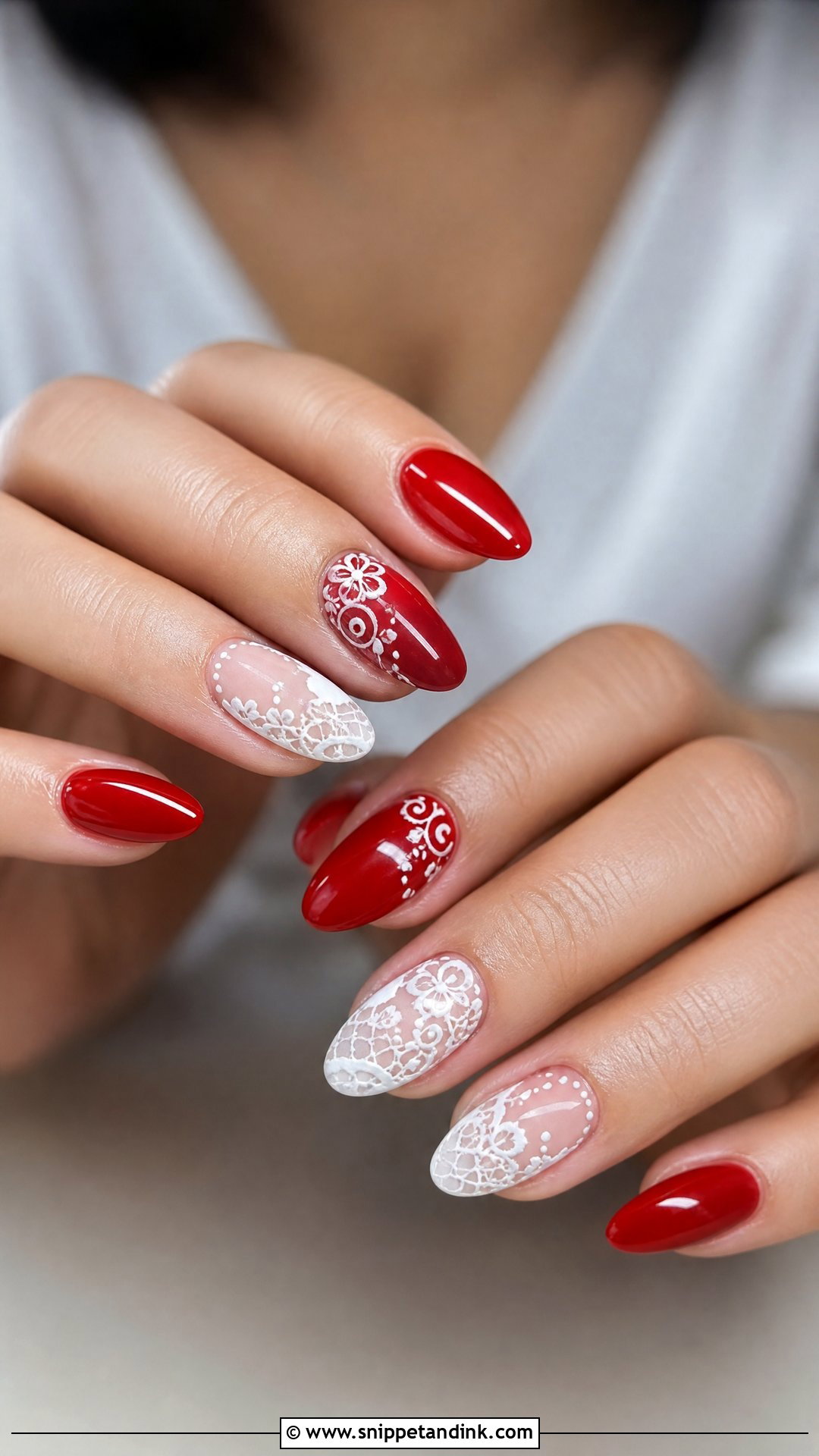 Red Bridal Nails With White Art - Snippet and Ink - 25 Indian Red Bridal Nail Art Ideas