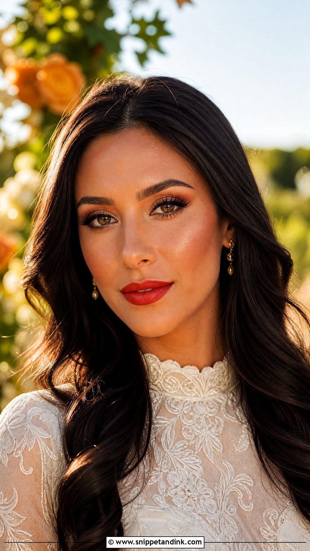 Red Lip Bridal Makeup With Bronzed Skin - Snippet and Ink - 20 Red Lipstick Bridal Makeup Ideas