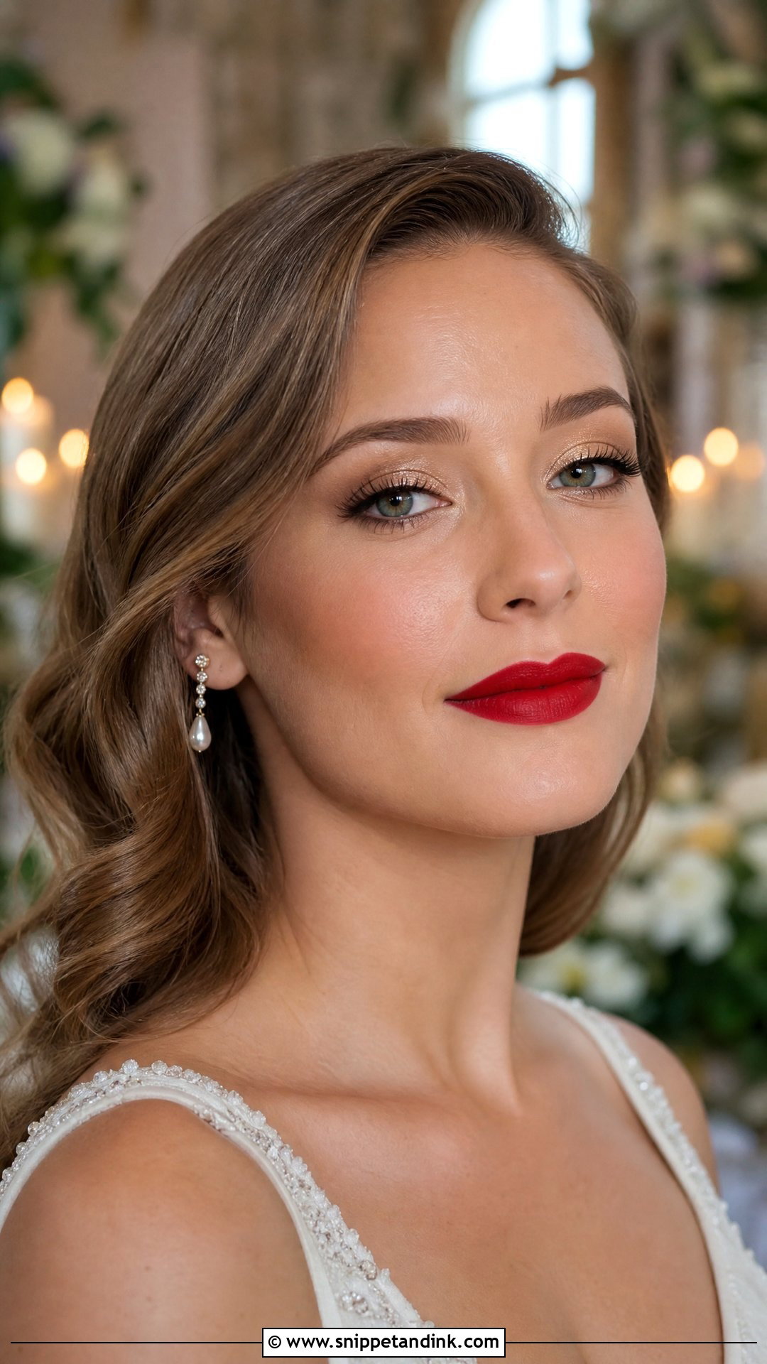 Red Lip Bridal Makeup With Champagne Eyes - Snippet and Ink - 20 Red Lipstick Bridal Makeup Ideas