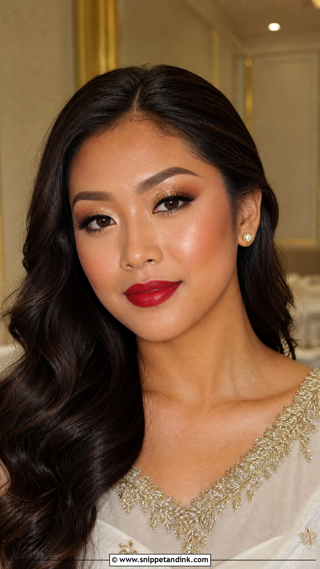 Red Lip Bridal Makeup With Gold Eyeshadow - Snippet and Ink - 20 Red Lip Bridal Makeup Ideas
