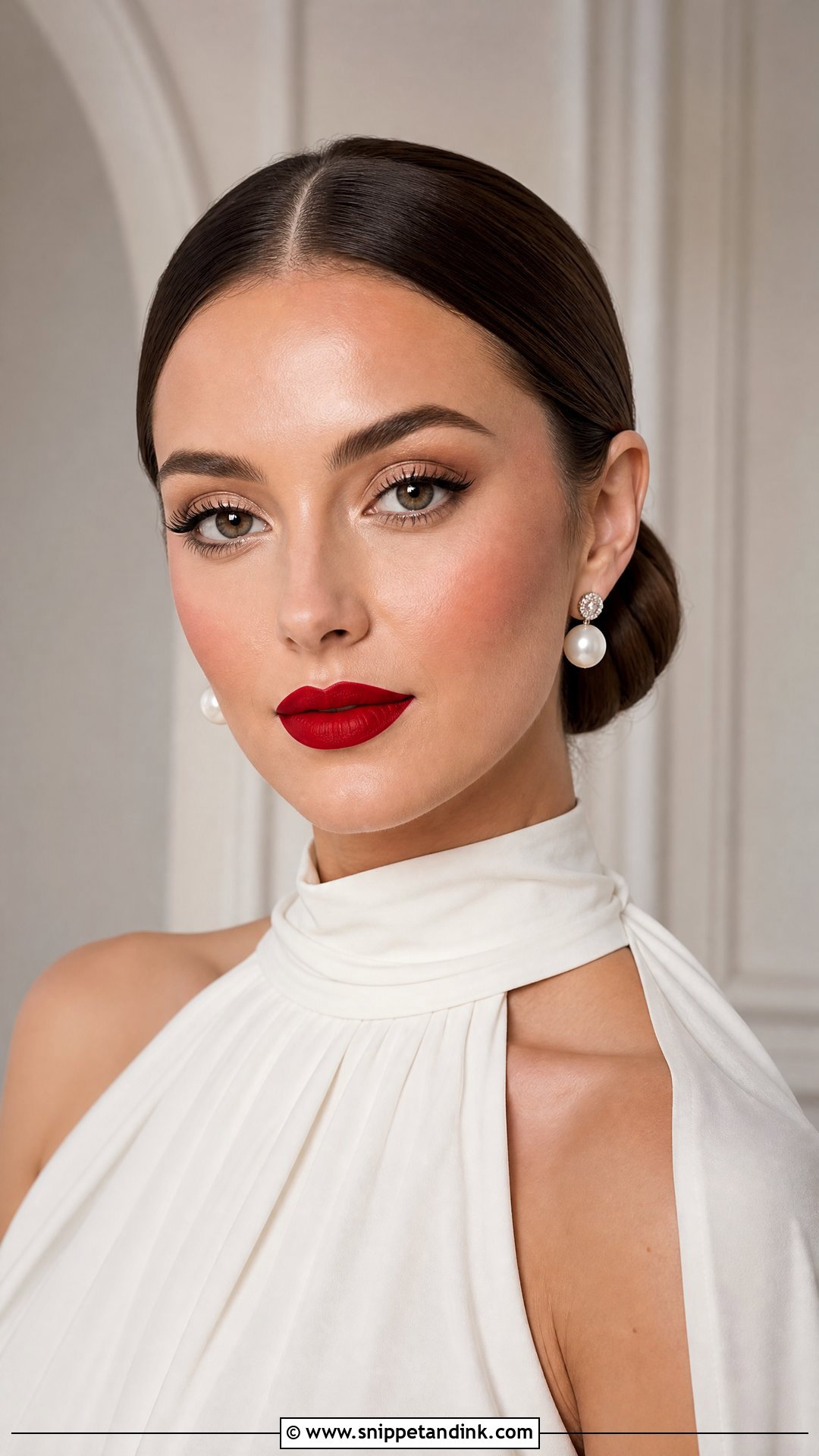 Red Lip Bridal Makeup With Sleek Bun - Snippet and Ink - 20 Red Lip Bridal Makeup Ideas