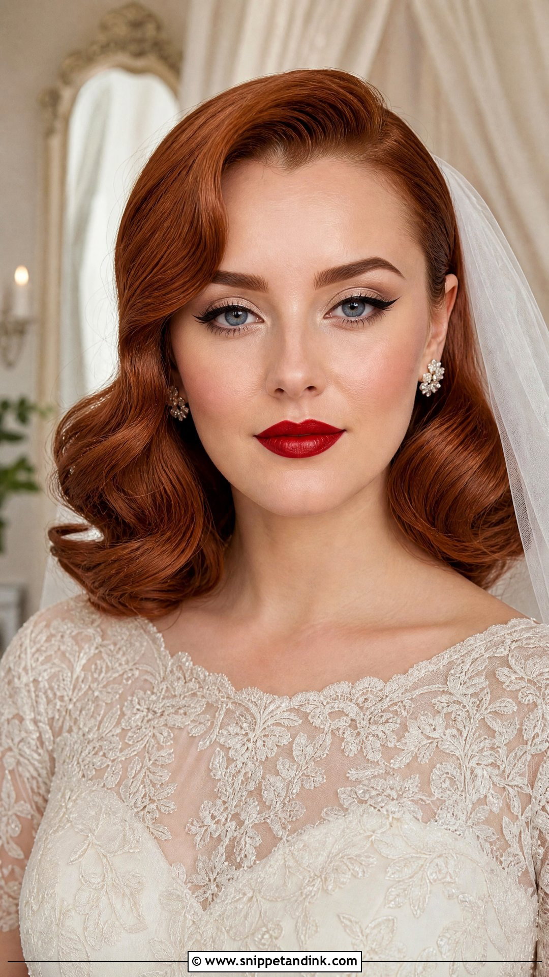 Red Lip Bridal Makeup With Winged Eyeliner - Snippet and Ink - 20 Red Lips Bride Ideas