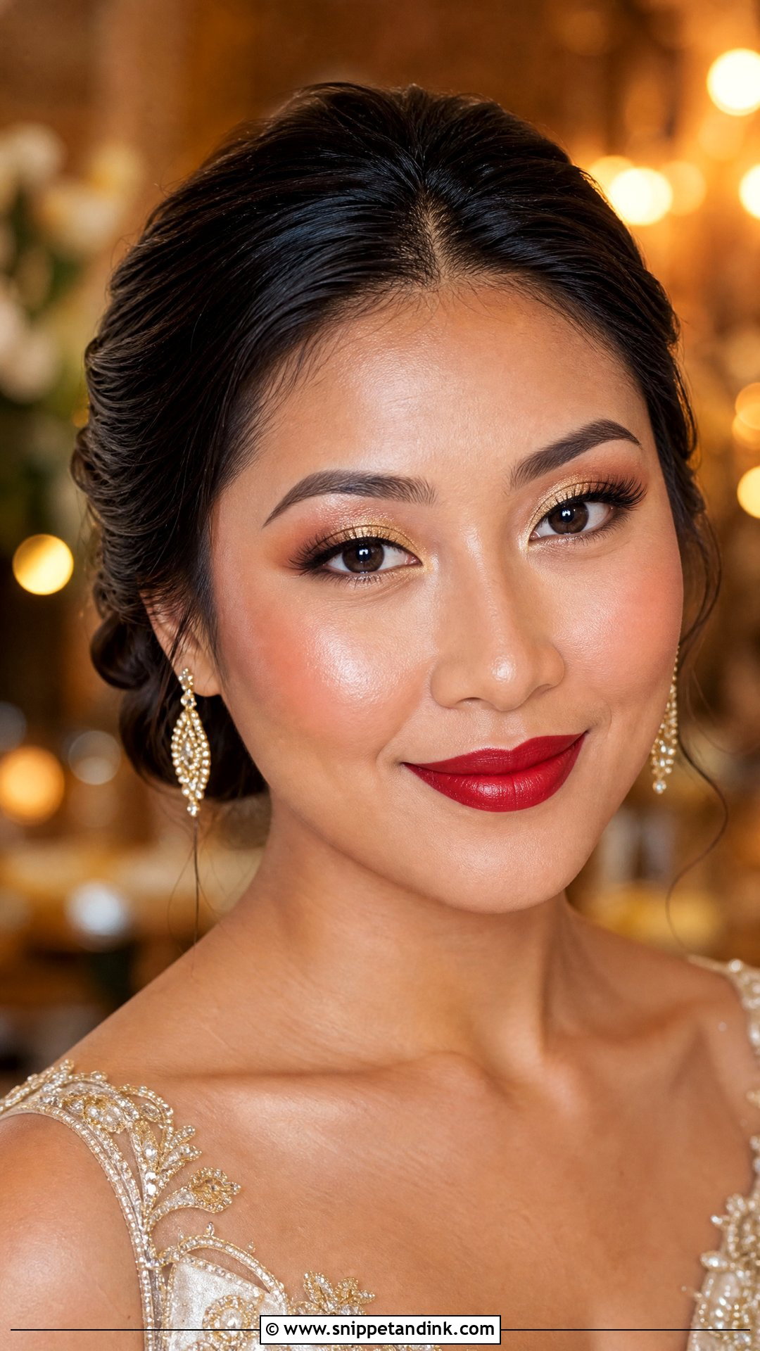 Red Lip Wedding Makeup With Gold Eyeshadow - Snippet and Ink - 20 Red Lip Wedding Makeup Ideas