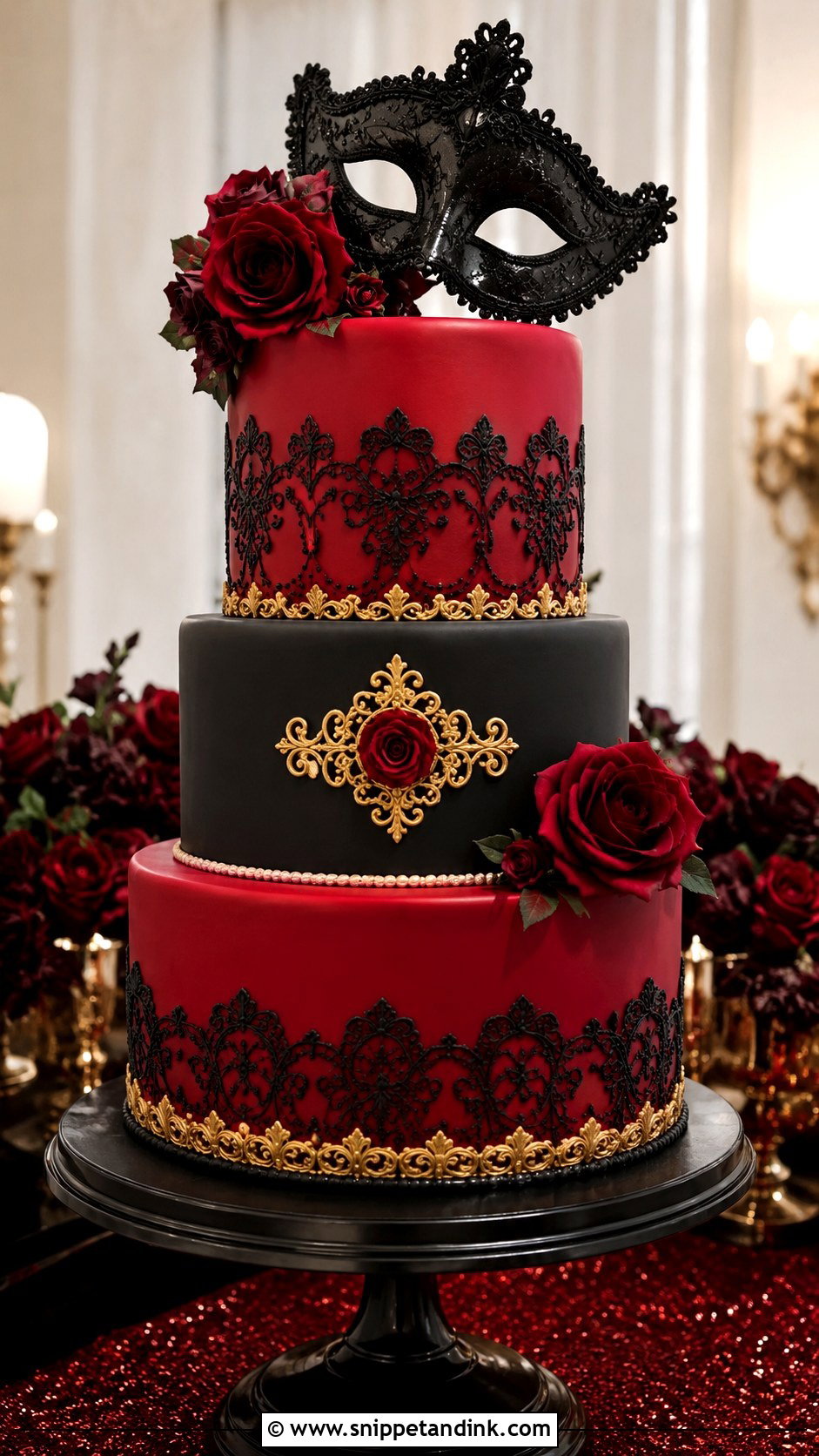 Red Masquerade Wedding Cake - Snippet and Ink - 20 Masquerade Wedding Cake Ideas