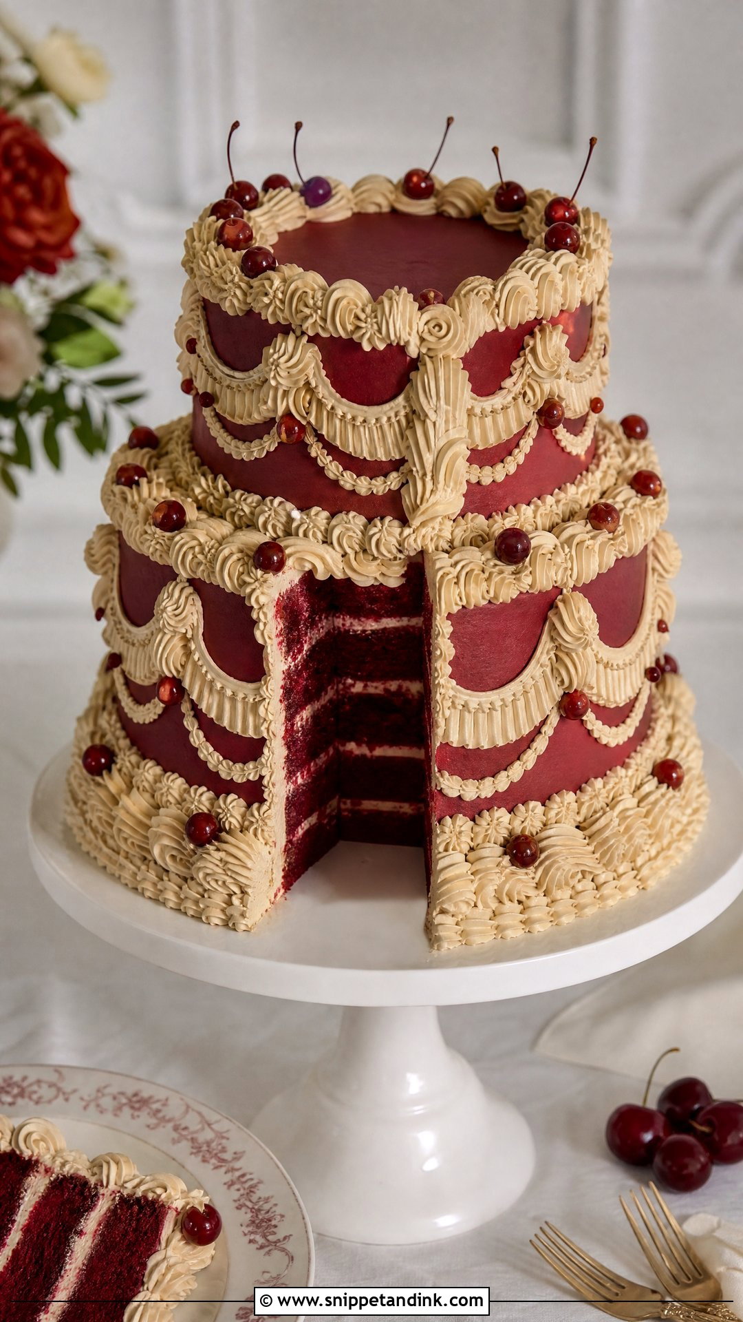 Red Velvet Lambeth Wedding Cake - Snippet and Ink - 20 Lambeth Wedding Cake Ideas