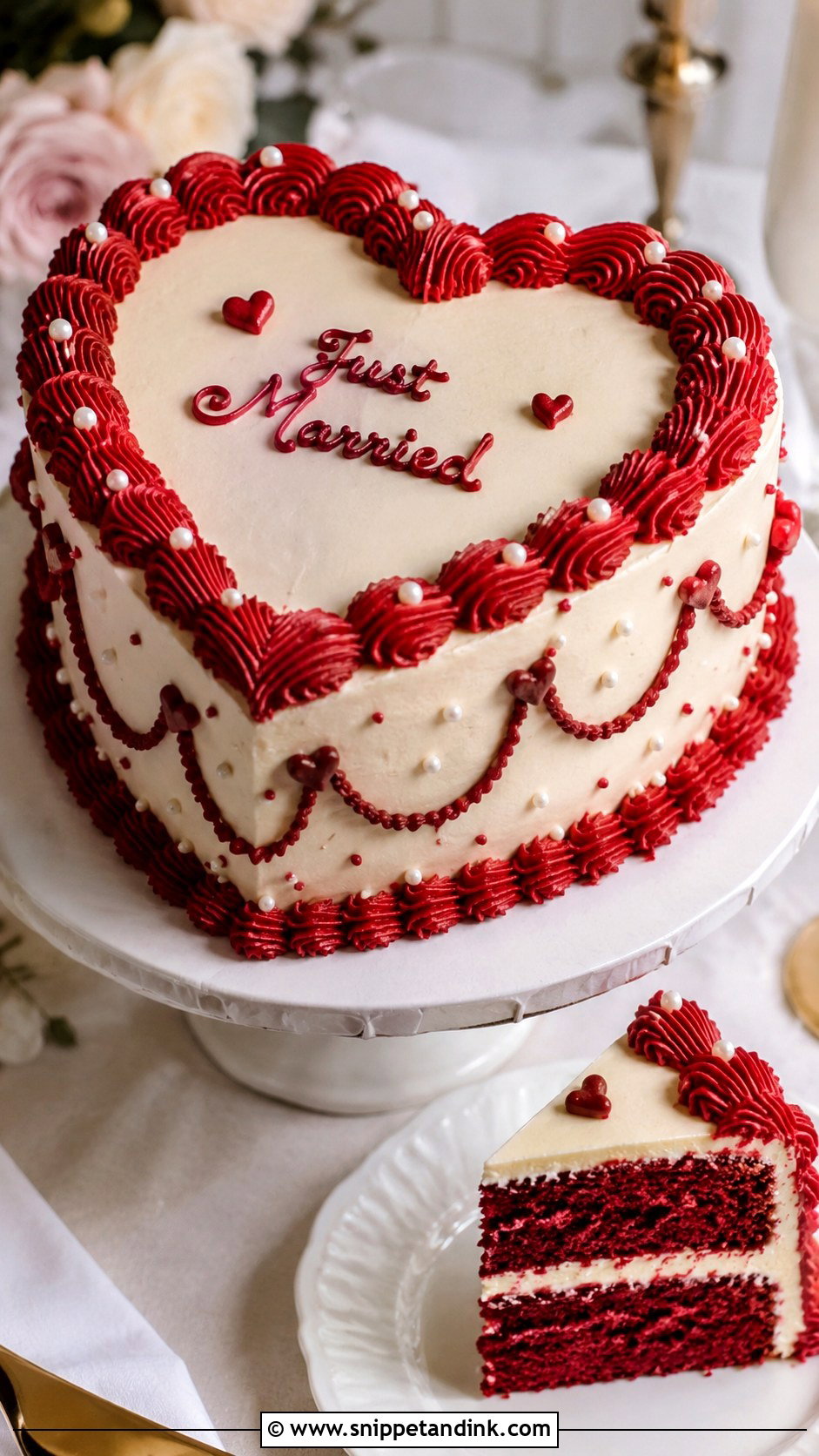 Red Velvet Retro Heart Wedding Cake - Snippet and Ink - 30 Retro Heart Wedding Cake Ideas