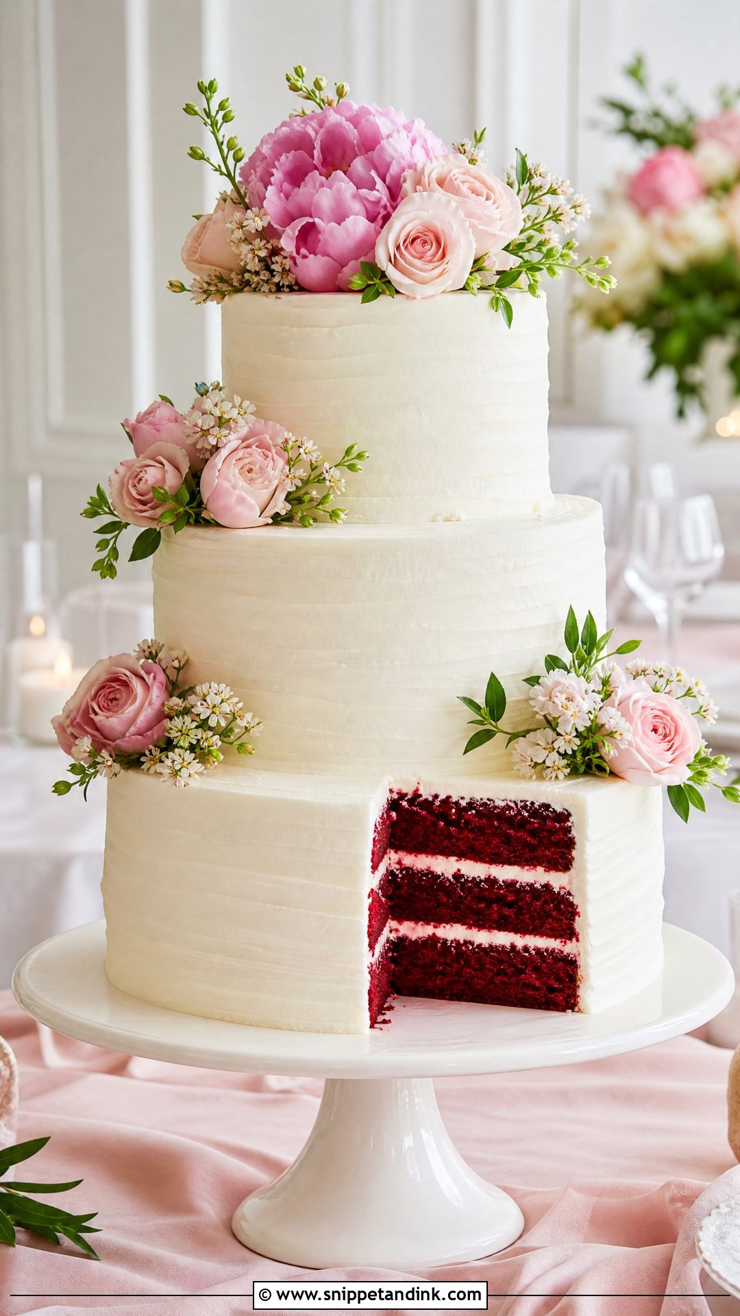 Red Velvet Wedding Cake With Blush Pink Flowers - Snippet and Ink - 30 Red Velvet Cake Design Ideas for Wedding