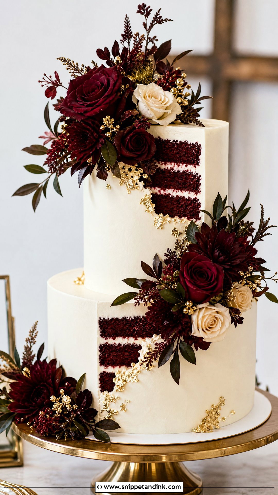 Red Velvet Wedding Cake With Burgundy Flowers - Snippet and Ink - 30 Red Velvet Cake Design Ideas for Wedding
