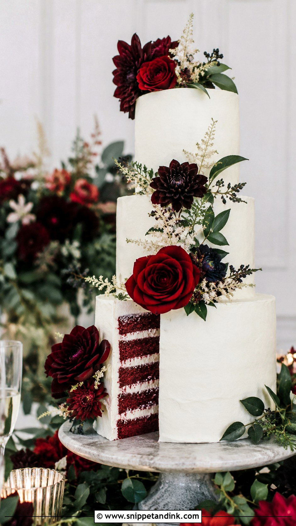 Red Velvet Wedding Cake With Burgundy Flowers - Snippet and Ink - 20 Red Well Wet Cake Ideas for Wedding