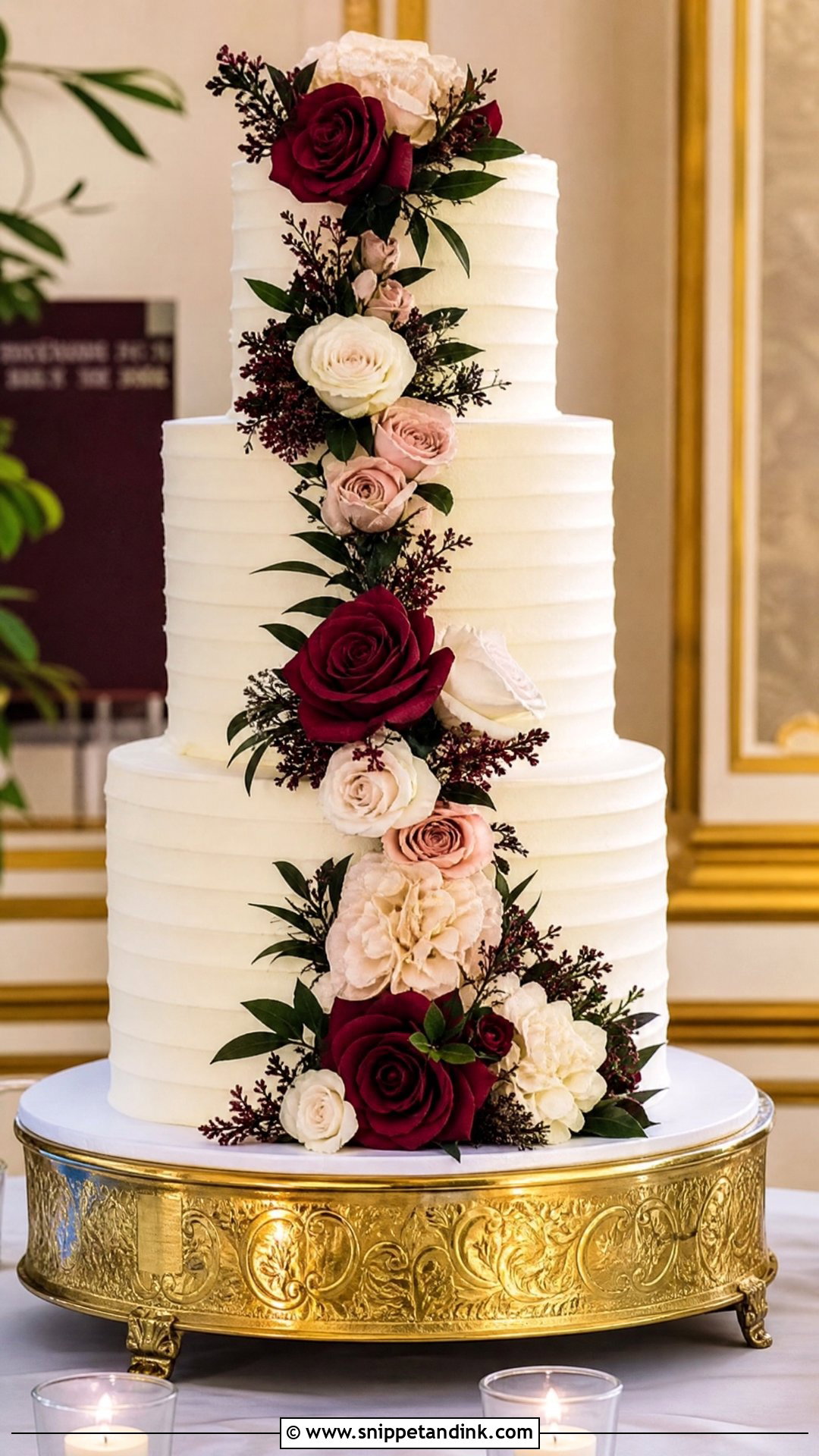 Red Velvet Wedding Cake With Cascading Flowers - Snippet and Ink - 30 Red Velvet Cake Design Ideas for Wedding
