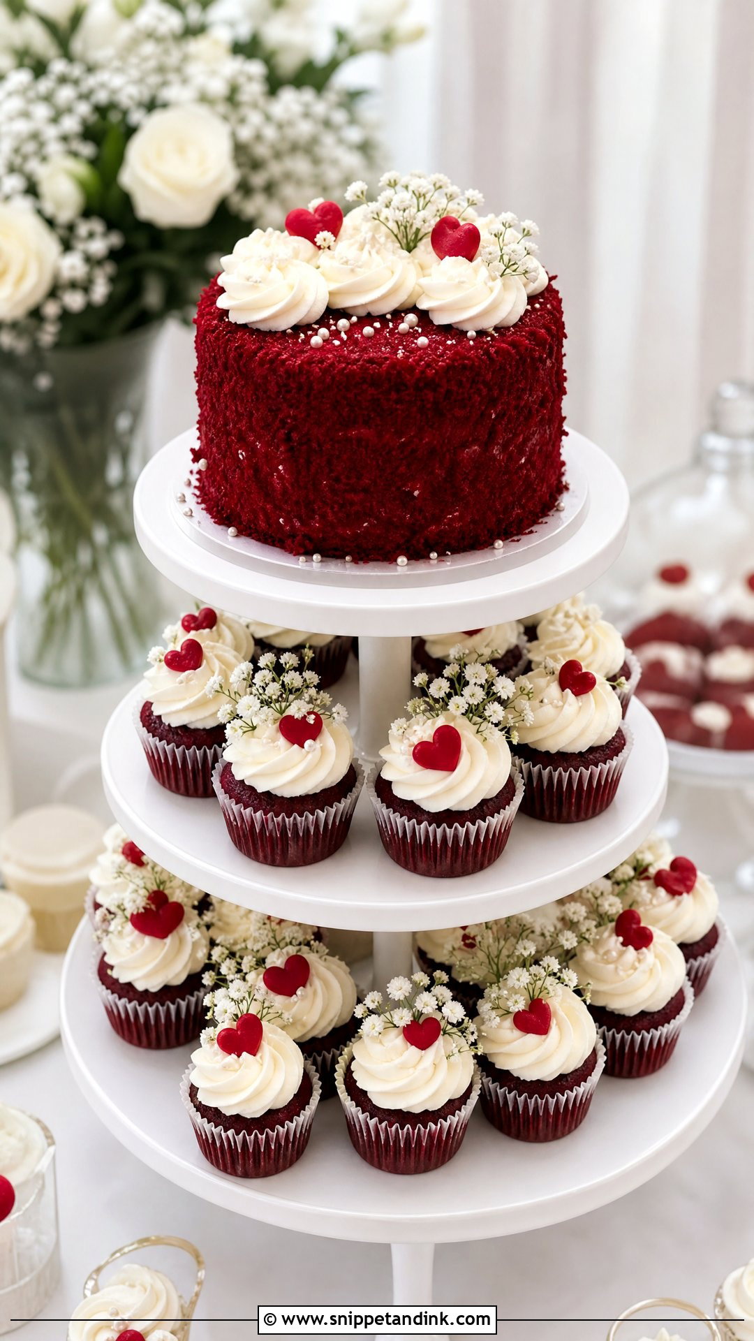 Red Velvet Wedding Cake With Cupcake Tower - Snippet and Ink - 30 Red Velvet Cake Design Ideas for Wedding