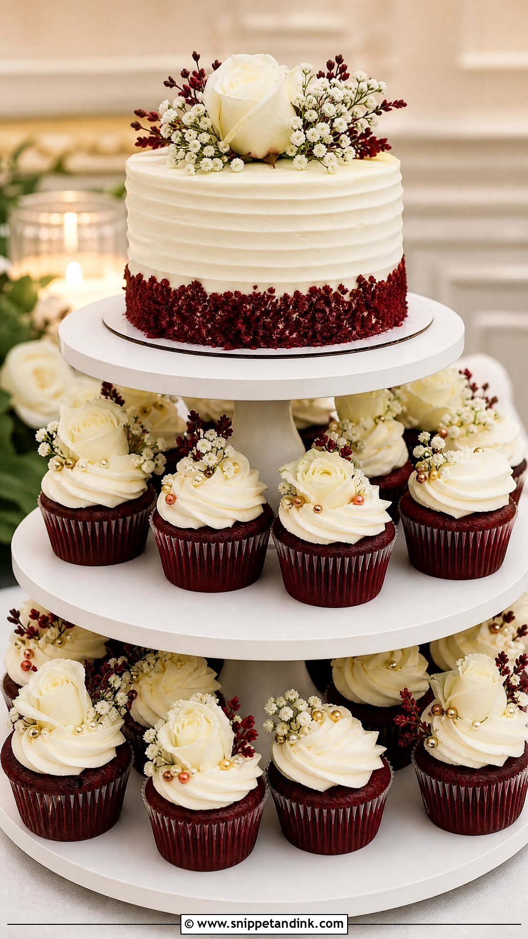 Red Velvet Wedding Cake With Cupcakes - Snippet and Ink - 20 Wedding Cake with Cupcakes