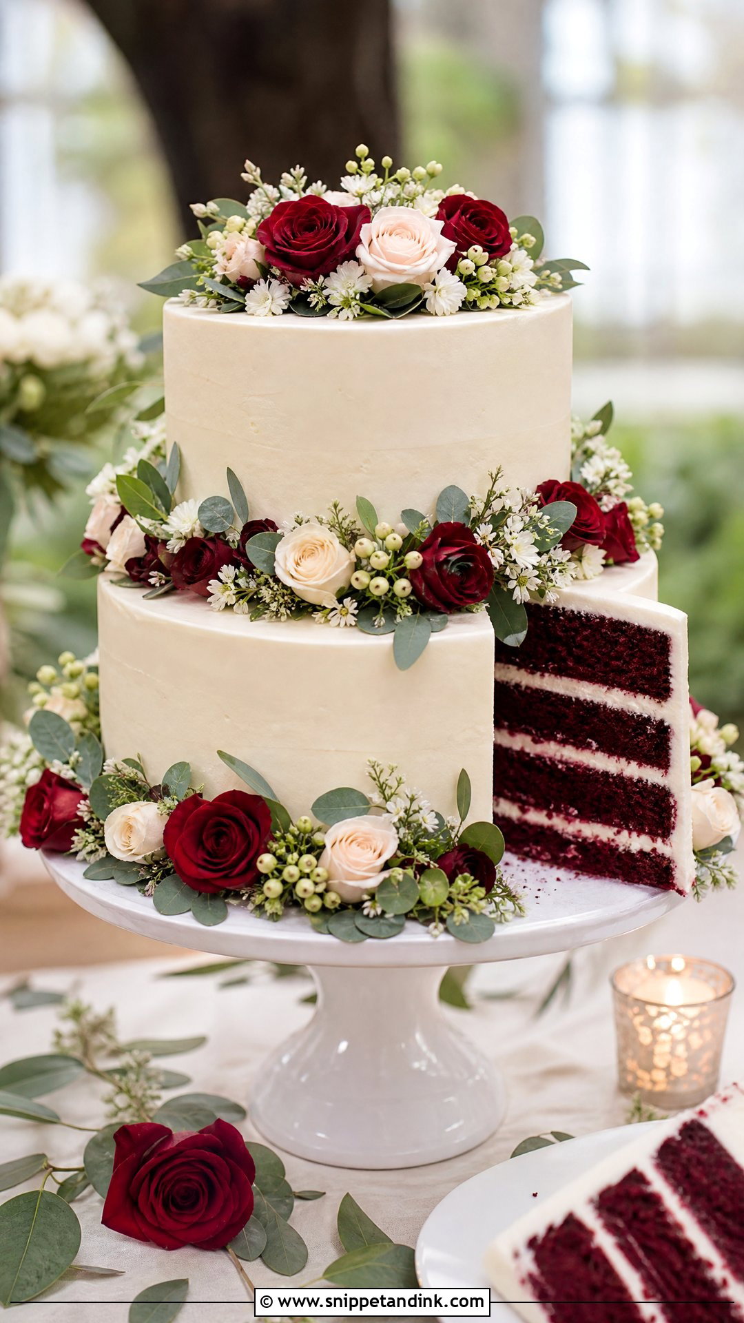 Red Velvet Wedding Cake With Floral Wreath - Snippet and Ink - 30 Red Velvet Cake Design Ideas for Wedding