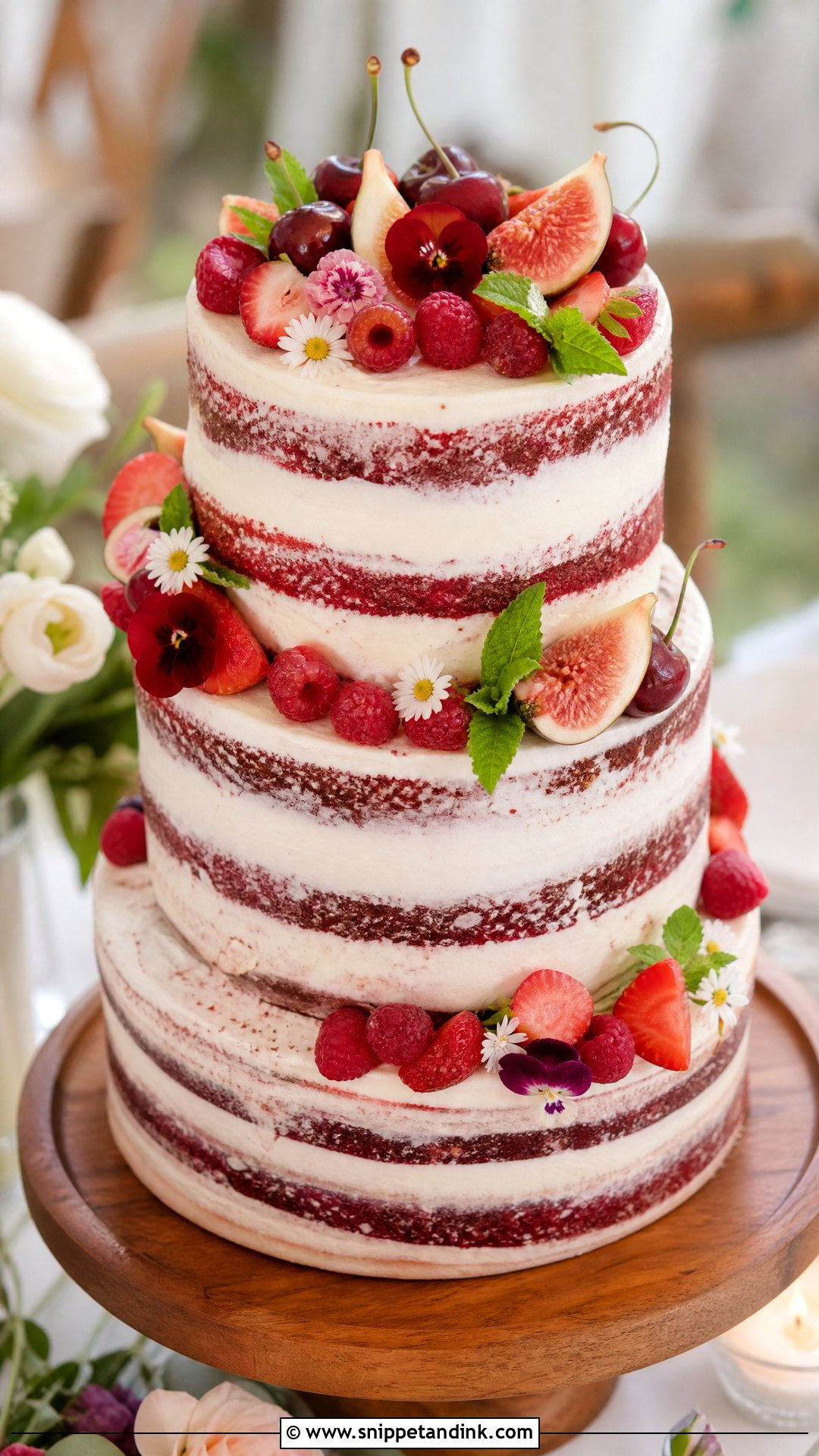 Red Velvet Wedding Cake With Fresh Fruit - Snippet and Ink - 20 Red Velvet Wedding Cake Ideas