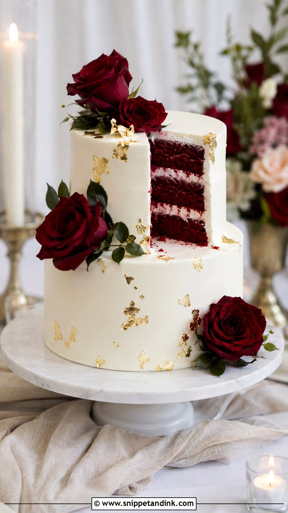 Red Velvet Wedding Cake With Gold Leaf - Snippet and Ink - 20 Red and Gold Cakes for Wedding