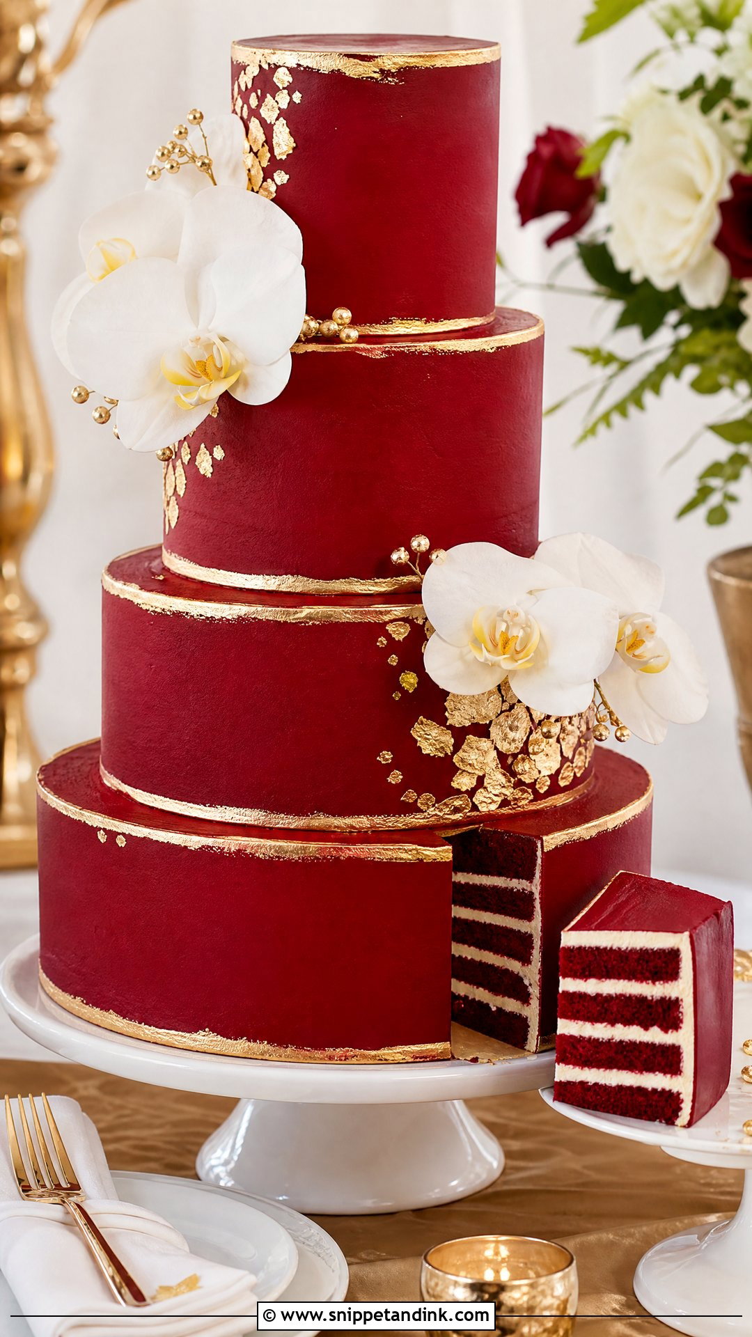 Red Velvet Wedding Cake With Gold - Snippet and Ink - 20 Red Velvet Wedding Cake Ideas