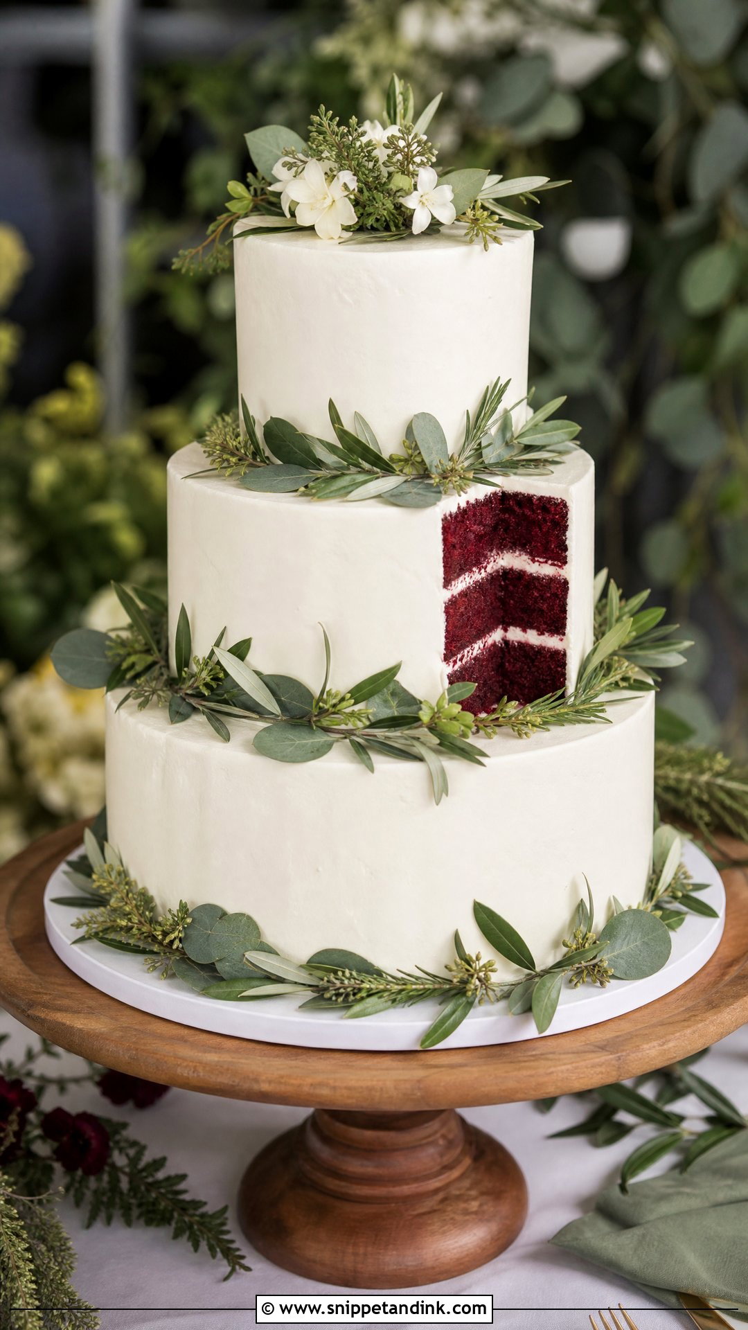 Red Velvet Wedding Cake With Greenery - Snippet and Ink - 30 Red Velvet Cake Design Ideas for Wedding