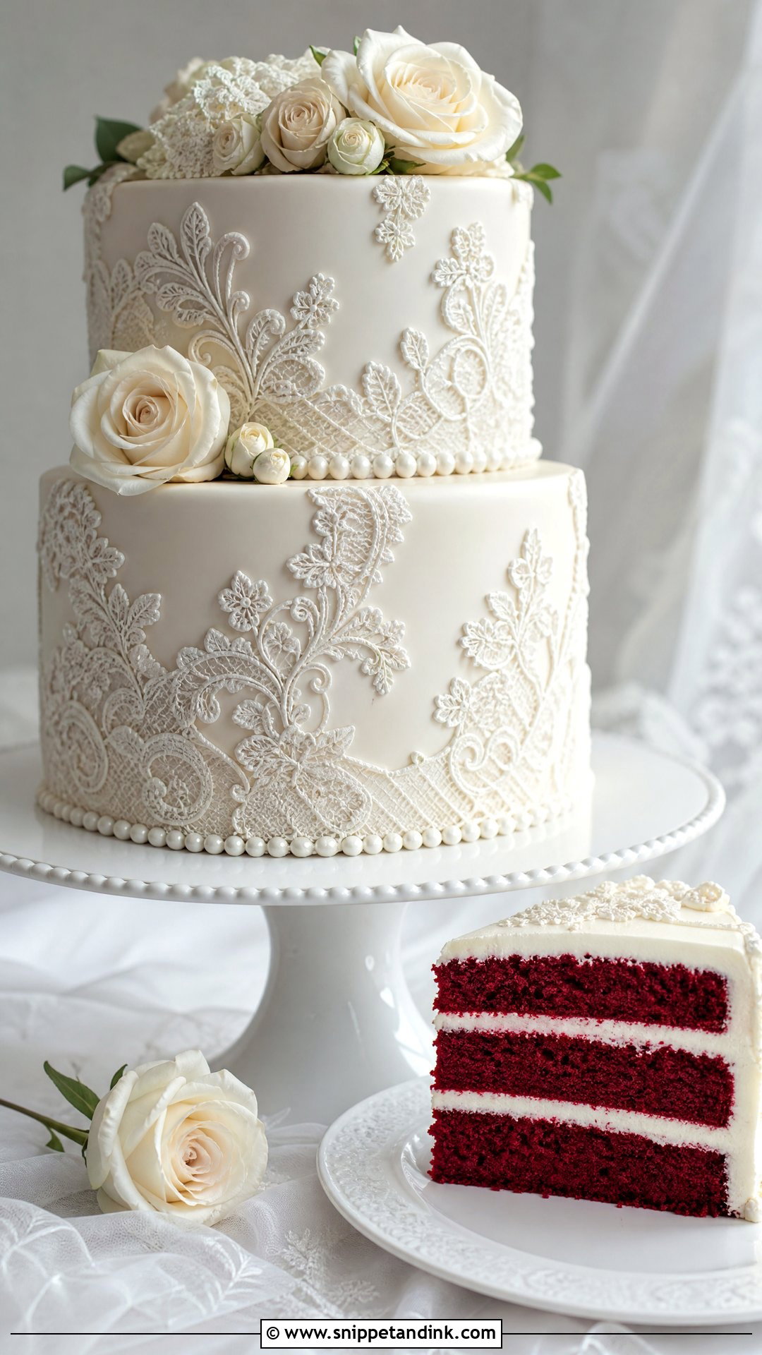 Red Velvet Wedding Cake With Lace Detail - Snippet and Ink - 30 Red Velvet Cake Design Ideas for Wedding