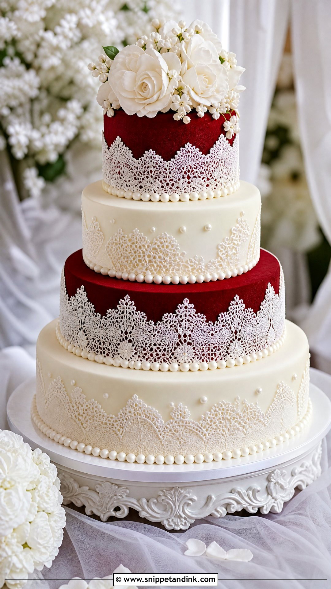 Red Velvet Wedding Cake With Lace - Snippet and Ink - 20 Red Velvet Wedding Cake Ideas