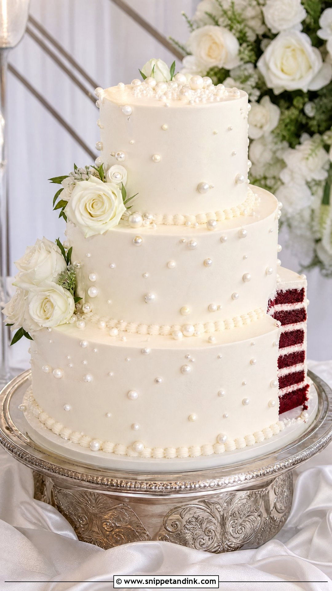 Red Velvet Wedding Cake With Pearl Details - Snippet and Ink - 30 Red Velvet Cake Design Ideas for Wedding