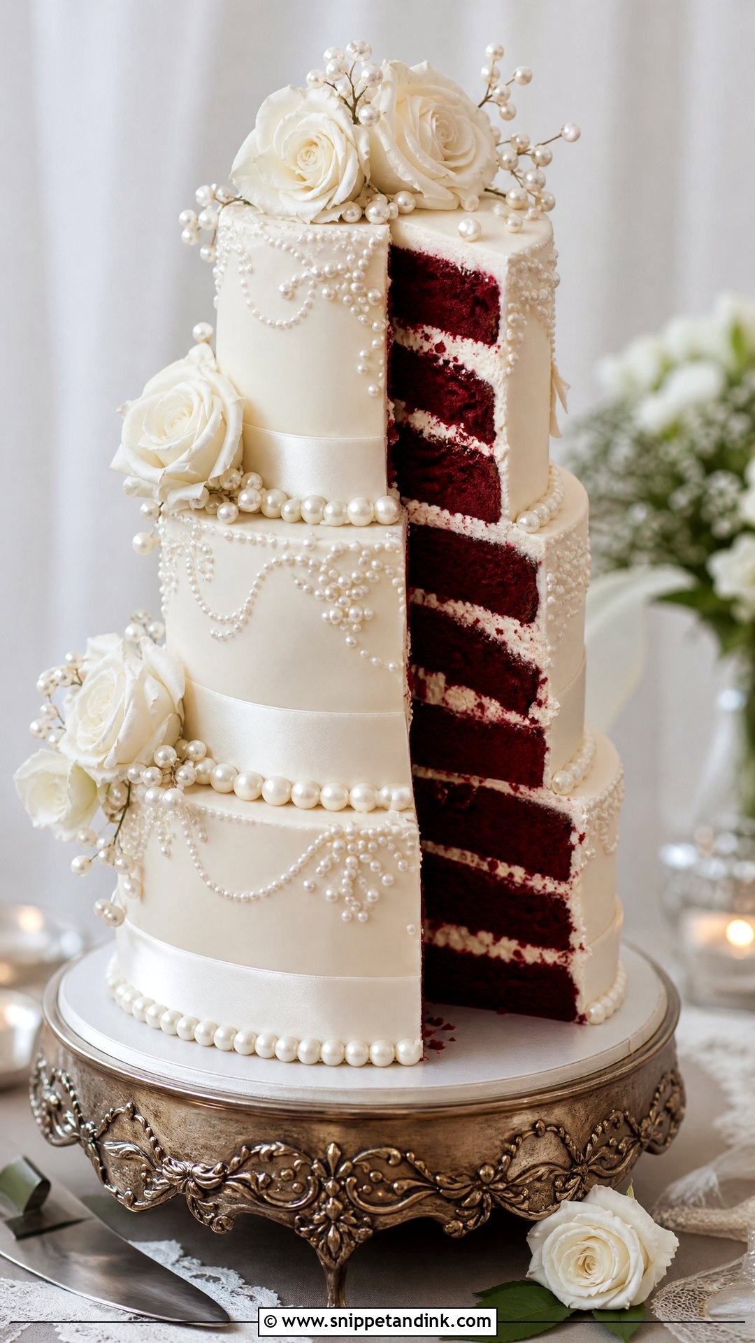 Red Velvet Wedding Cake With Pearl Details - Snippet and Ink - 20 Red Velvet Wedding Cake Ideas