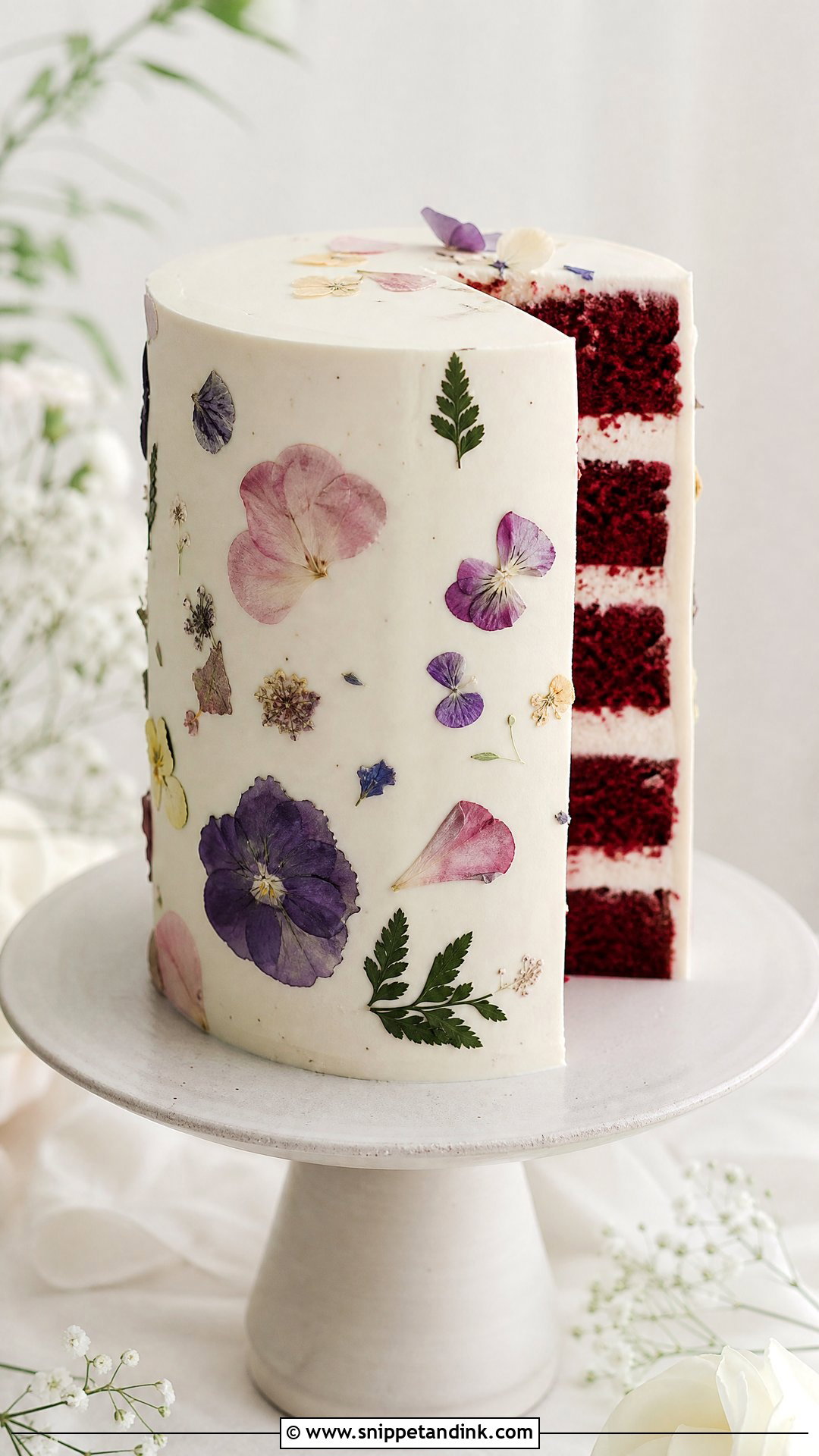 Red Velvet Wedding Cake With Pressed Flowers - Snippet and Ink - 30 Red Velvet Cake Design Ideas for Wedding