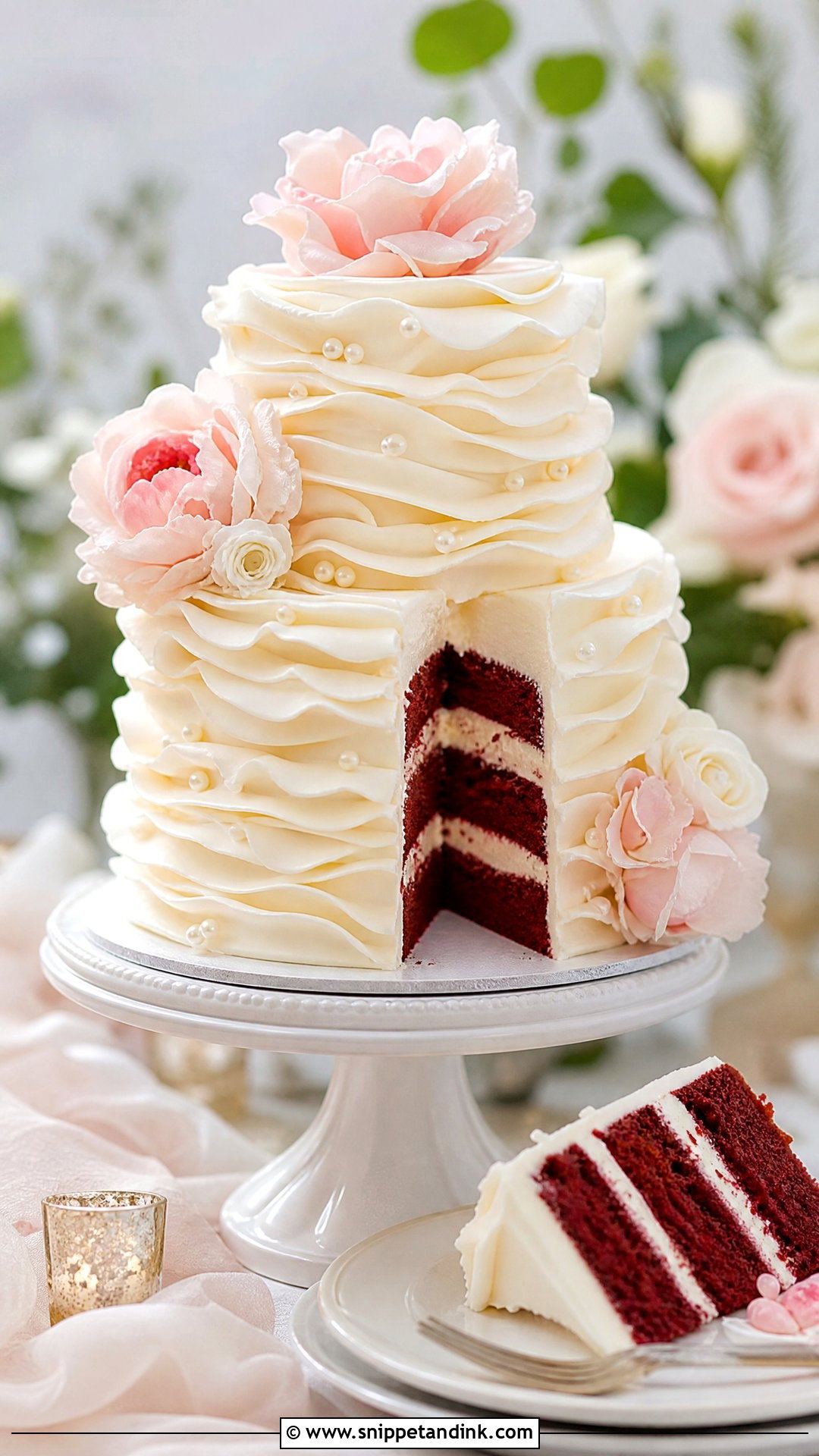 Red Velvet Wedding Cake With Ruffles - Snippet and Ink - 20 Red Velvet Wedding Cake Ideas