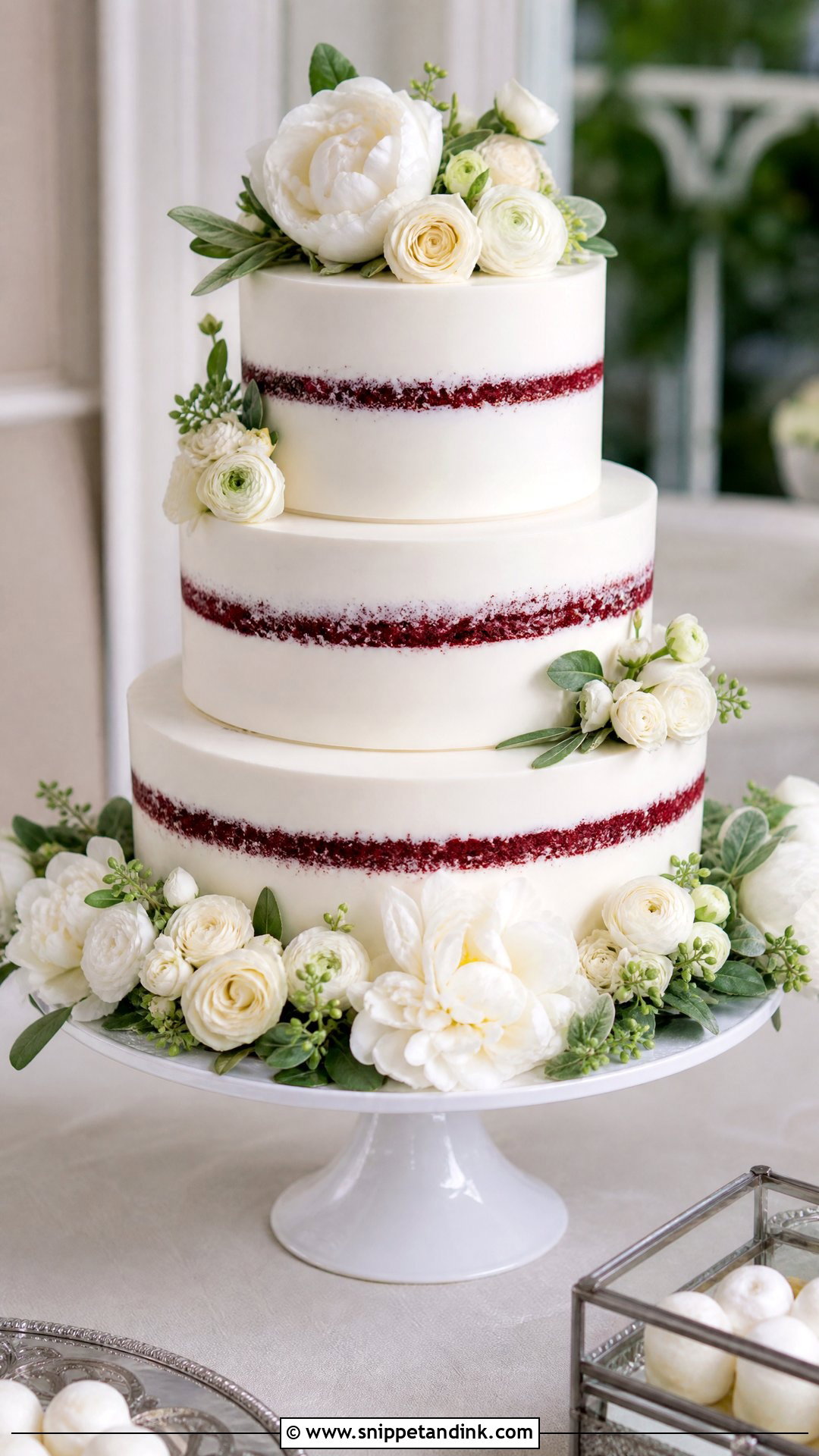 Red Velvet Wedding Cake With White Flowers - Snippet and Ink - 20 Red Velvet Wedding Cake Ideas