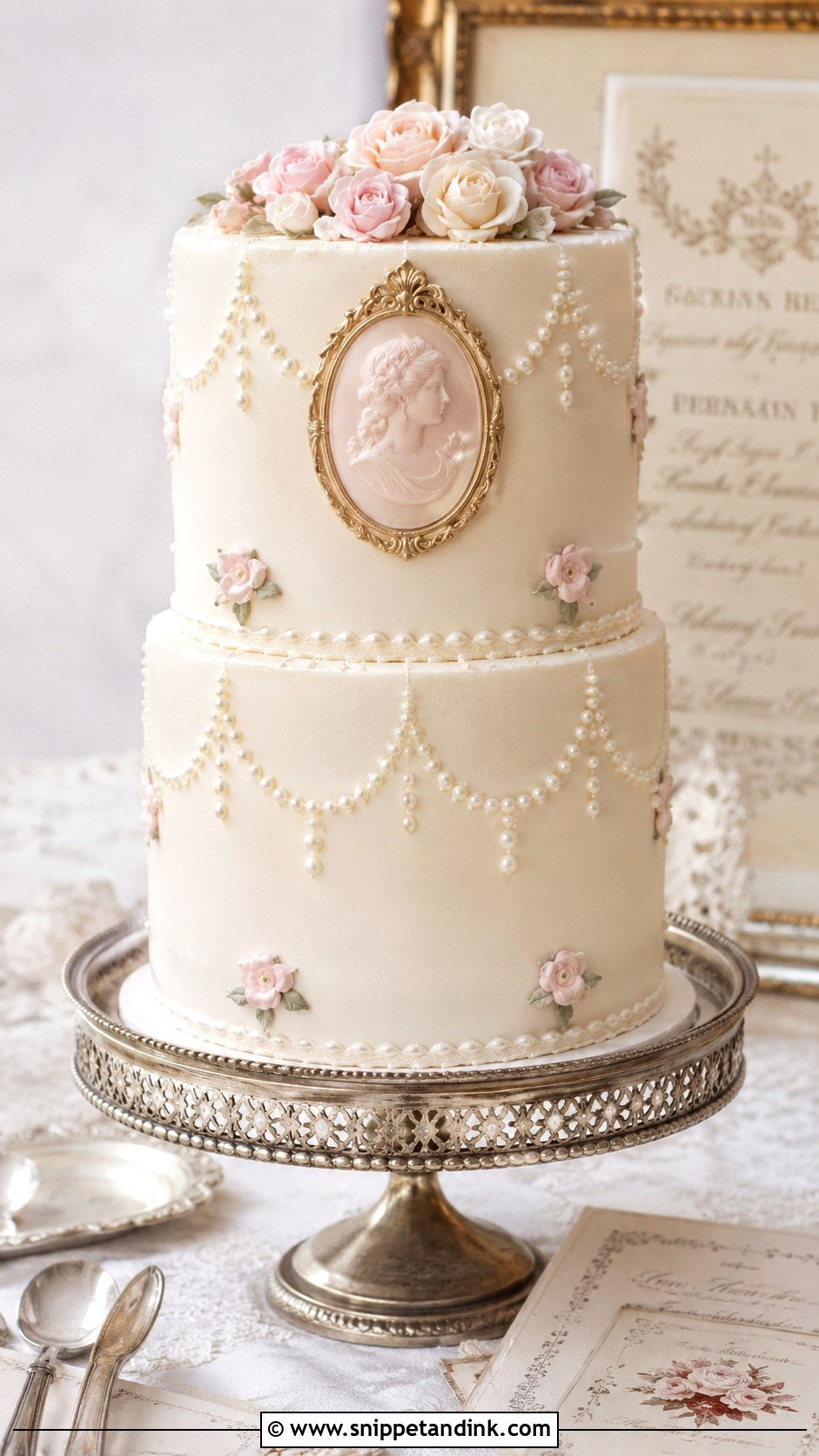 Regency Wedding Cake With Cameo Detail - Snippet and Ink - 20 Regency Wedding Cake Ideas