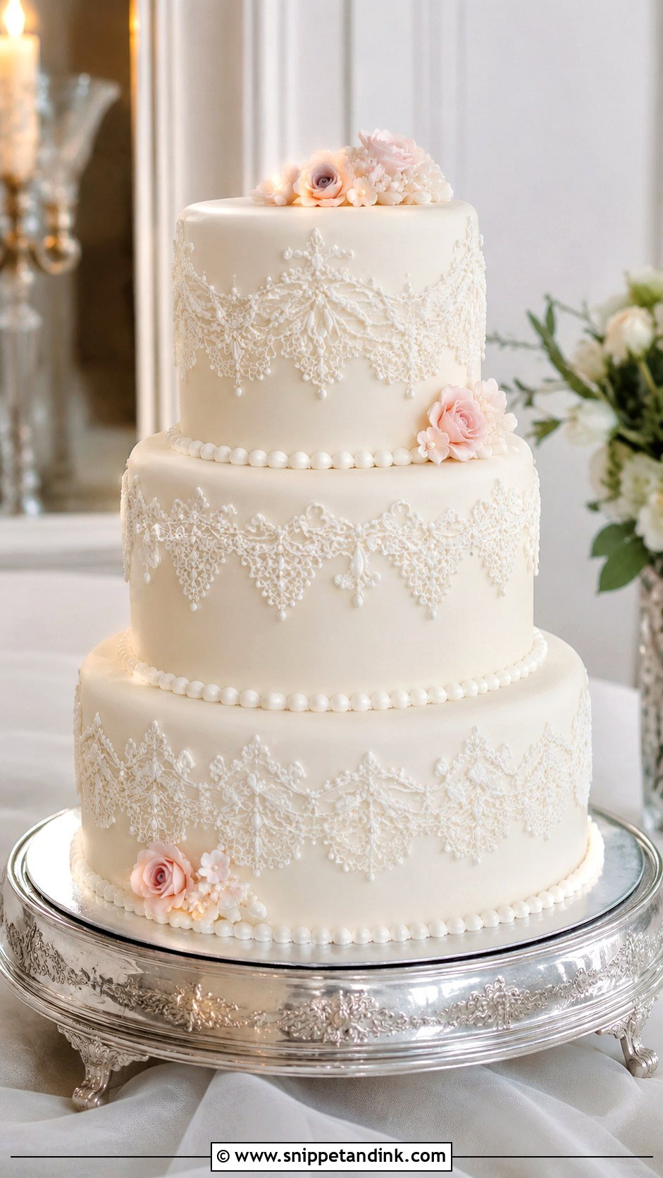 Regency Wedding Cake With Lace Piping - Snippet and Ink - 20 Regency Wedding Cake Ideas