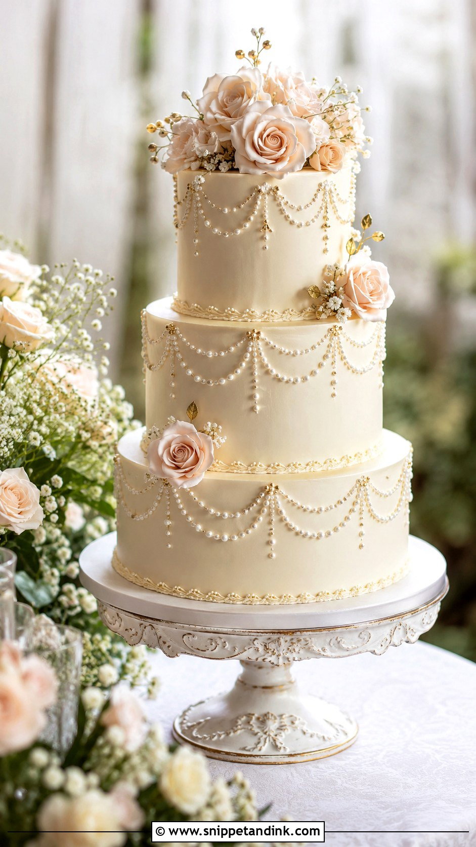 Regency Wedding Cake With Pearls - Snippet and Ink - 20 Regency Wedding Cake Ideas