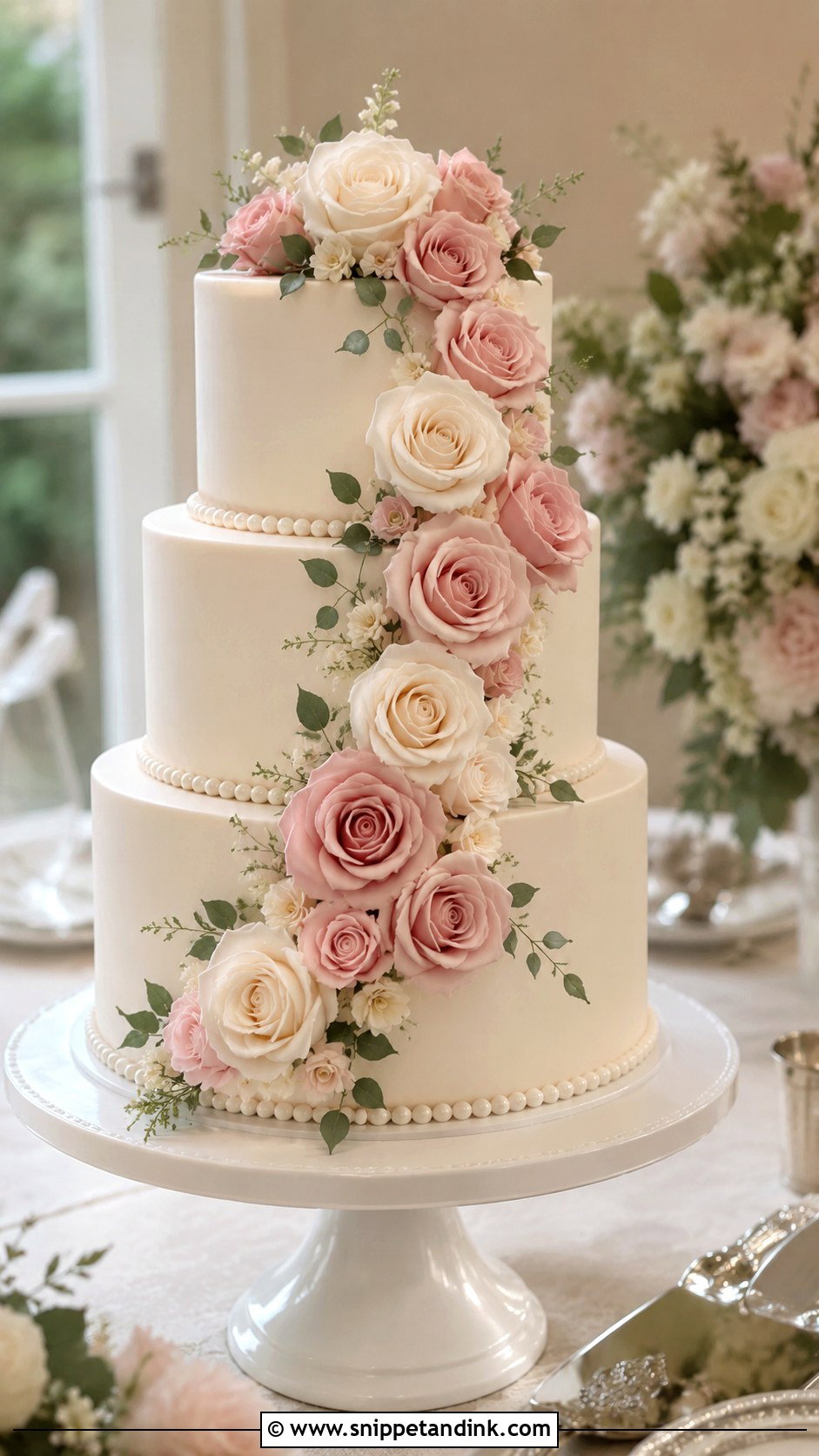 Regency Wedding Cake With Rose Cascade - Snippet and Ink - 20 Regency Wedding Cake Ideas