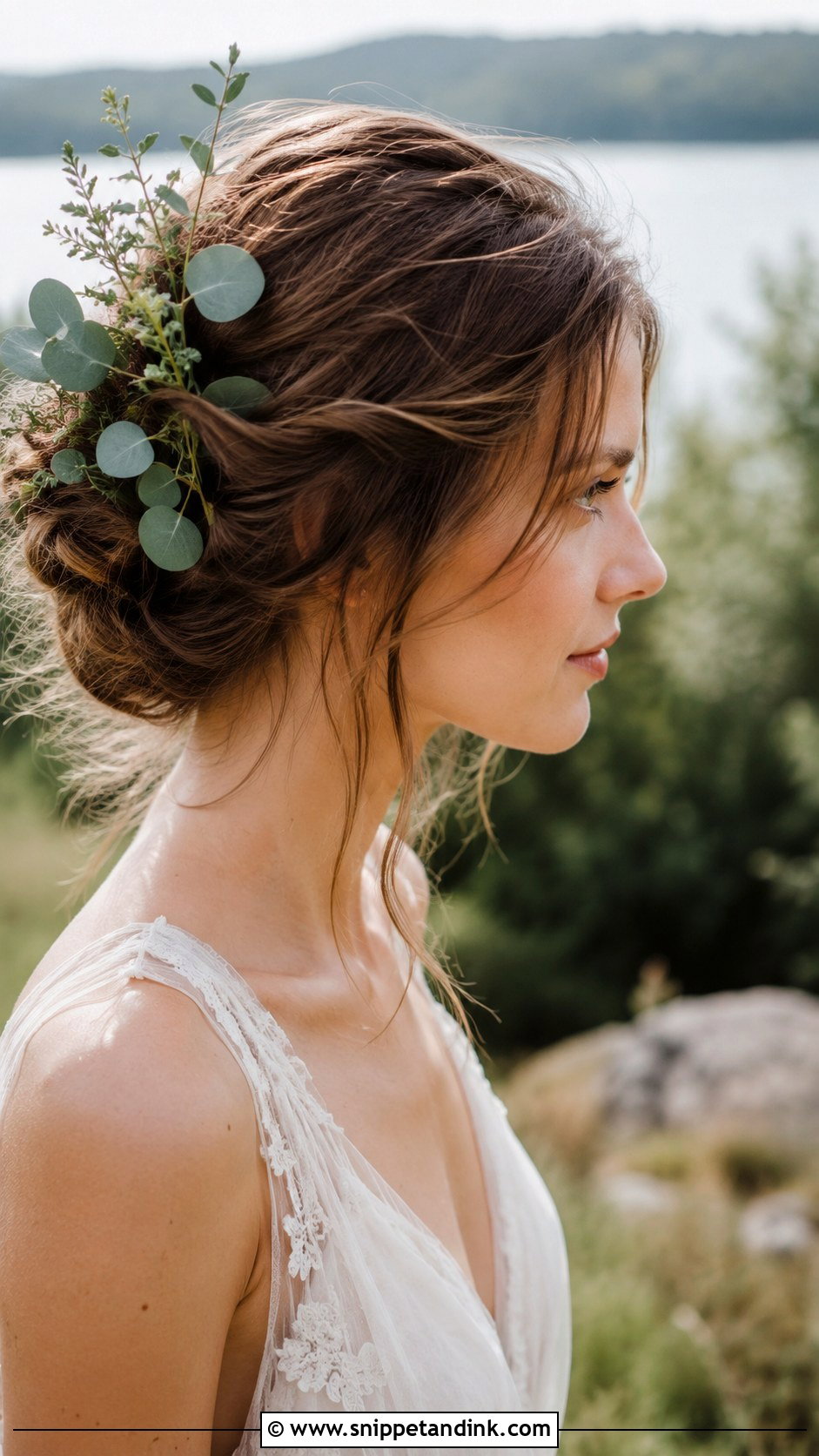 Relaxed Updo With Greenery - Snippet and Ink - 20 Natural Bridal Hair Ideas